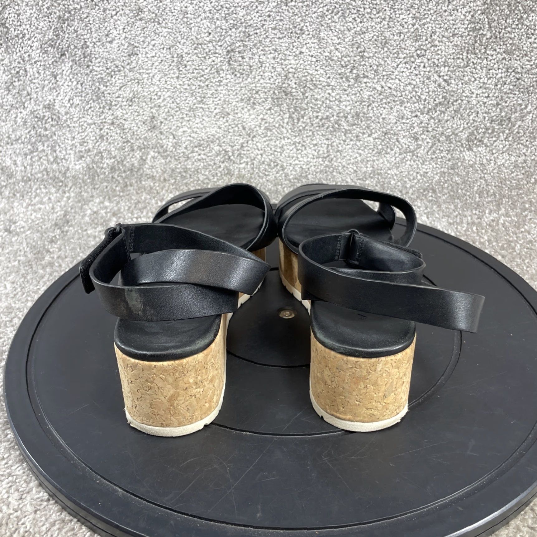 Vince Vince Jet Black Leather Wedge Sandals Women 7.5 M Cork Platform Ankle Strap Size US 8 / IT 38 - 6 Thumbnail