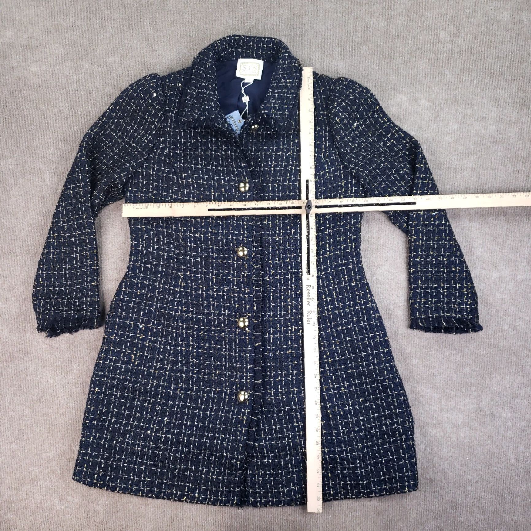 Vintage Sail to Sable Tweed Coat Womens Large Long Blue Gold Button Front Sequence Lined Size L / US 10 / IT 46 - 2 Thumbnail