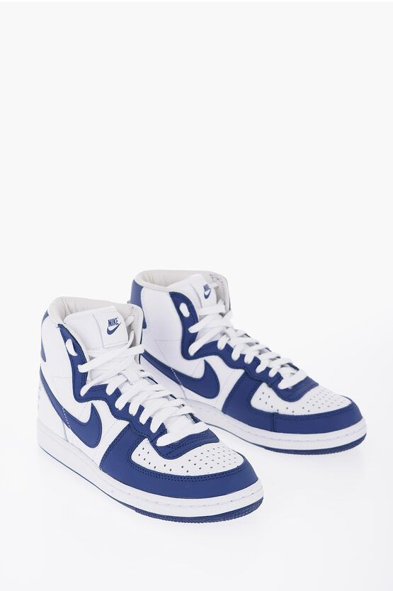 image of Nike Comme Des Garcons Homme Plus Two-Tone Leather Terminator Hig Shoes in Bianco/Blu (Size 9)