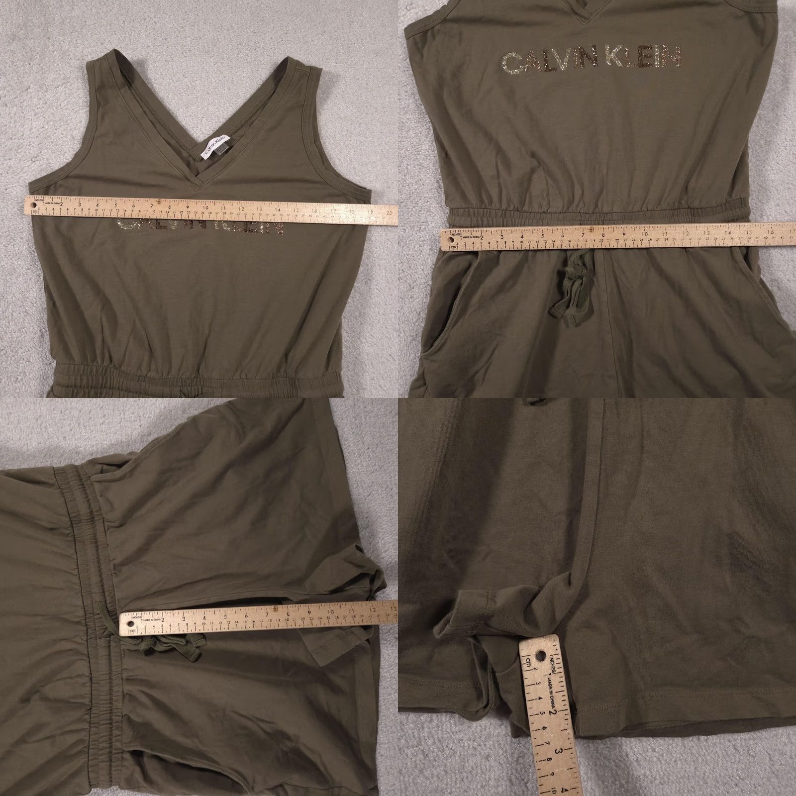 Calvin Klein Calvin Klein Romper Womens M Olive Green V-Neck Rhinestone Logo Pockets Size 32" / US 10 / IT 46 - 8 Thumbnail