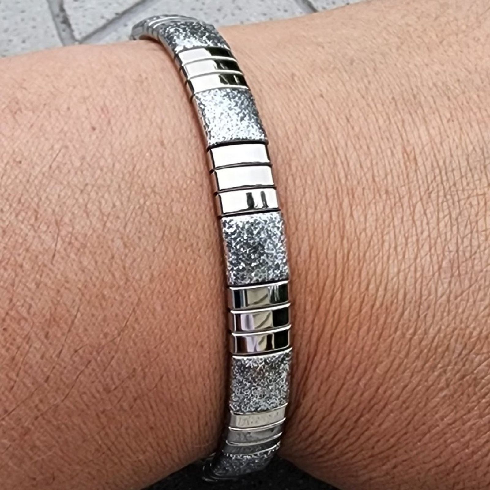 Designer Milor Polished Glitter Stainless Steel Stretch Link Bracelet Size ONE SIZE - 6 Thumbnail
