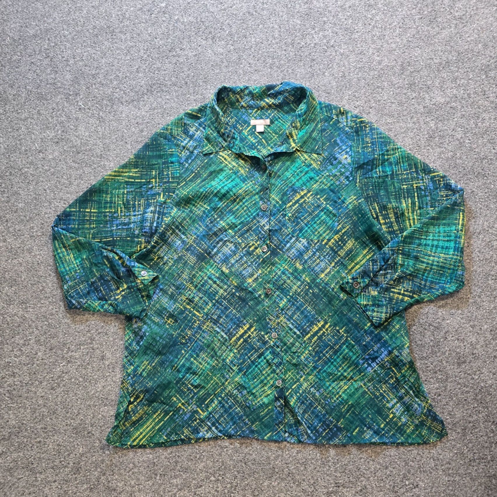 J. Jill J. Jill Top Womens Petite Large Green Plaid Sheer Long Sleeve Button Casual Size L / US 10 / IT 46 - 2 Thumbnail