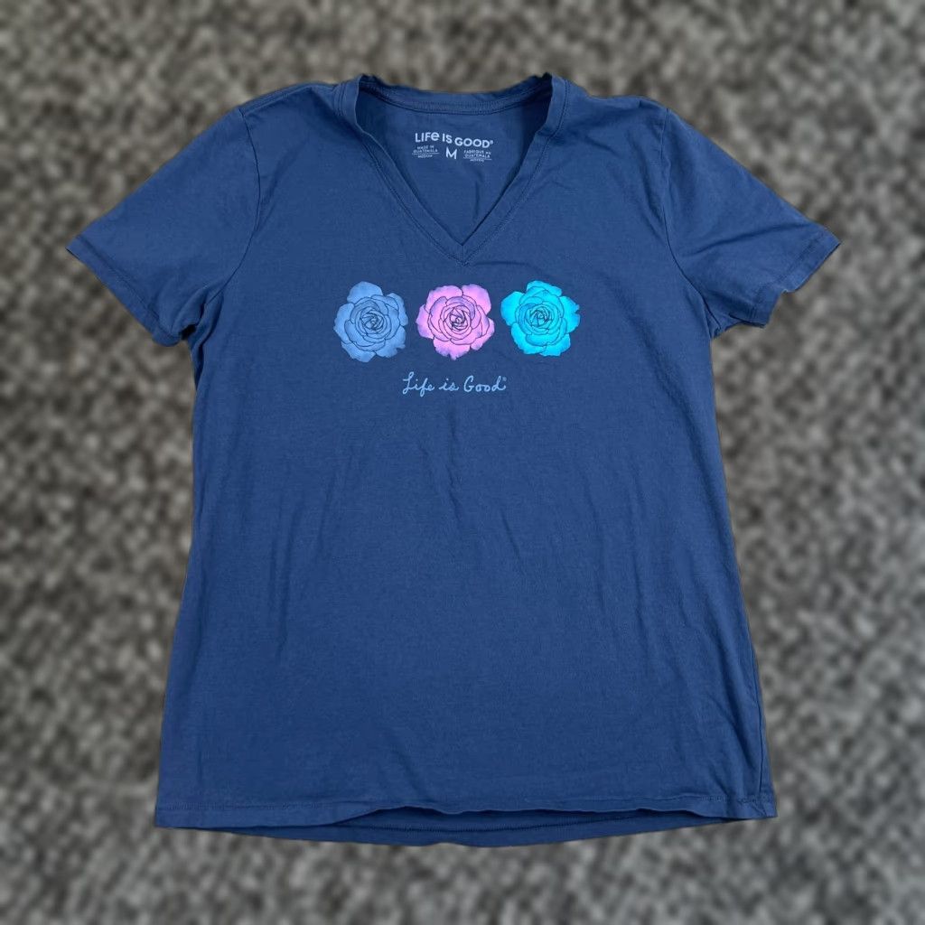 Life is Good VINTAGE Life is Good Women's T-Shirt M Floral Roses Navy Blue Cap Sleeve V-Neck Casual Size M / US 6-8 / IT 42-44 - 1 Thumbnail