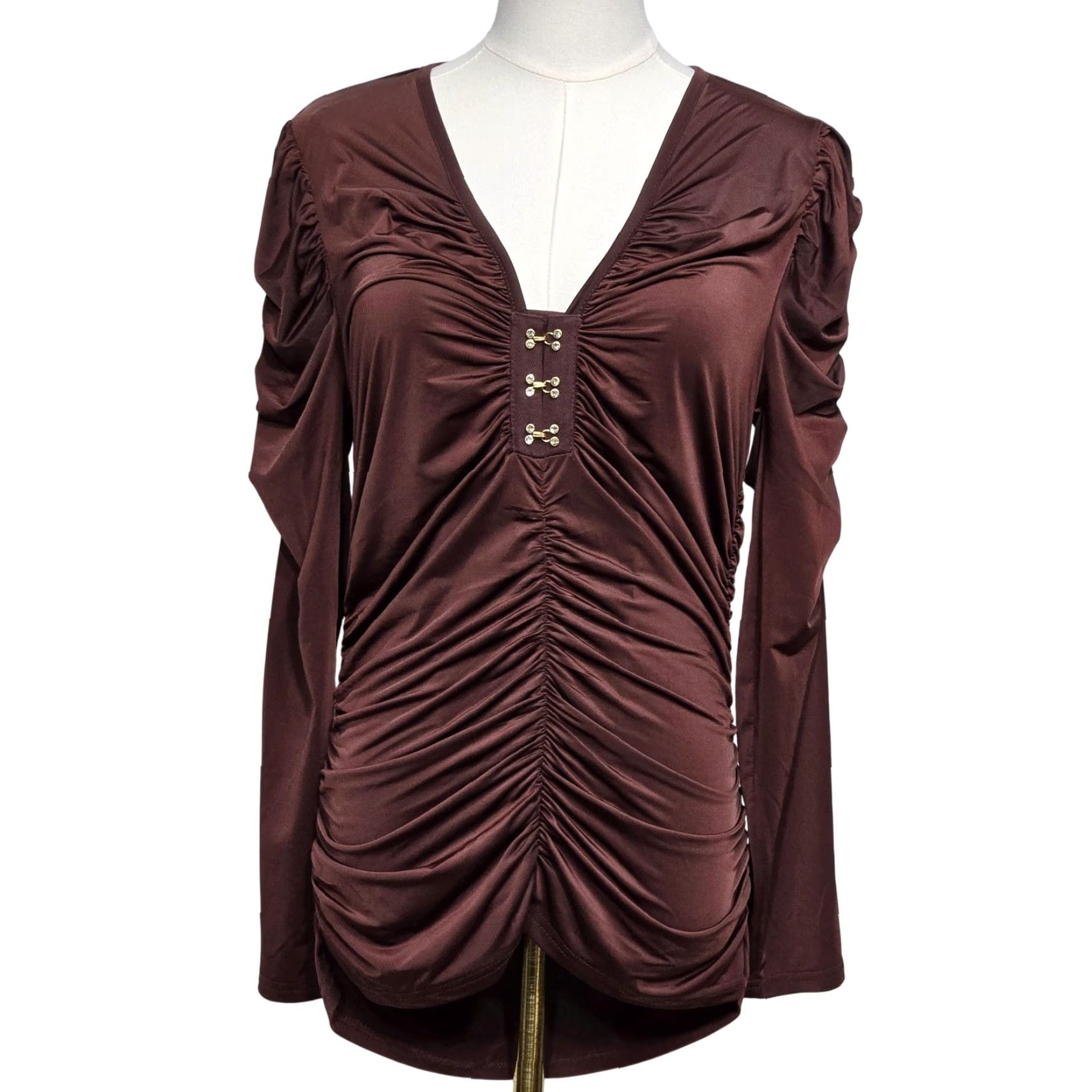 Vintage Cache Top Womens XS Brown Ruched Long Sleeve V Neck Stretch Blouse Dressy New Size XS / US 0-2 / IT 36-38 - 2 Thumbnail