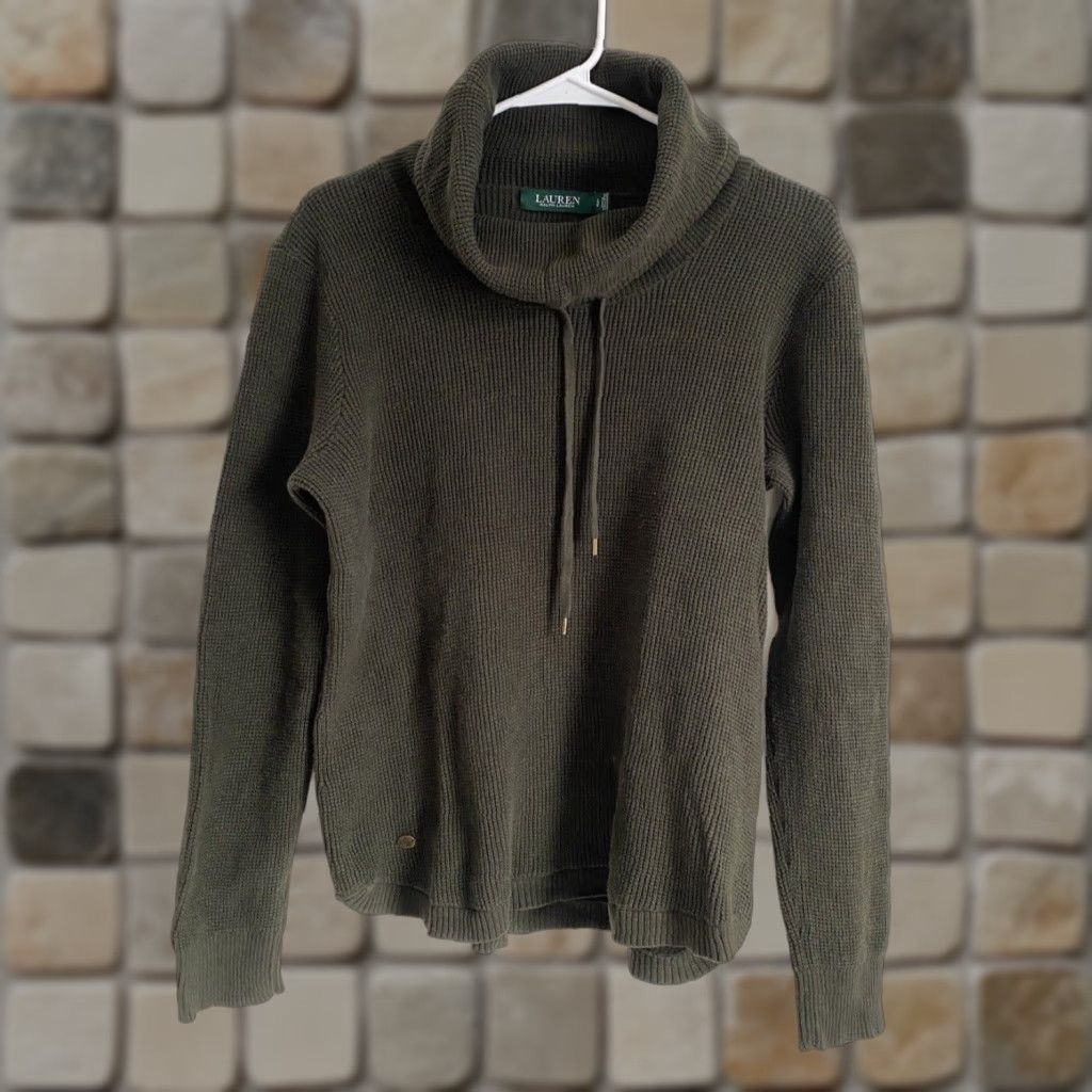 Ralph Lauren VINTAGE Lauren Ralph Lauren Sweater Shirt Womens Waffle Knit Cowl Neck Forest Green L 100% Cotton Pullover Classic, Preppy, Designer Womens Size L / US 10 / IT 46 - 1 Thumbnail