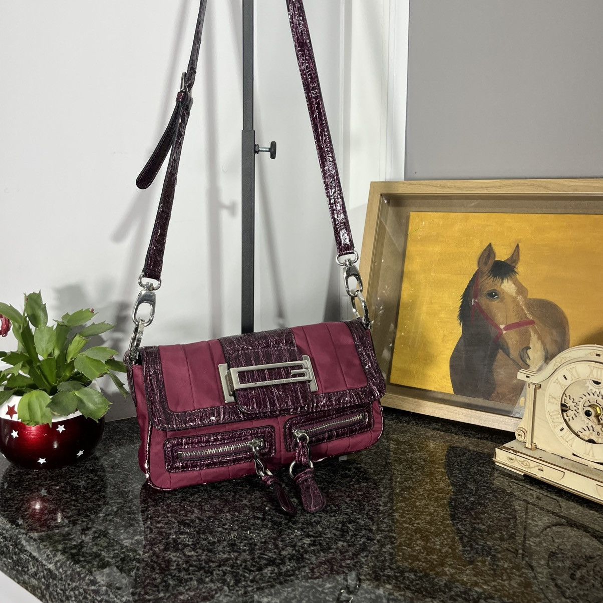 Y2K Vintage Avant Garde Buckle Logo Shoulder Bag Mini in Purple, Women's