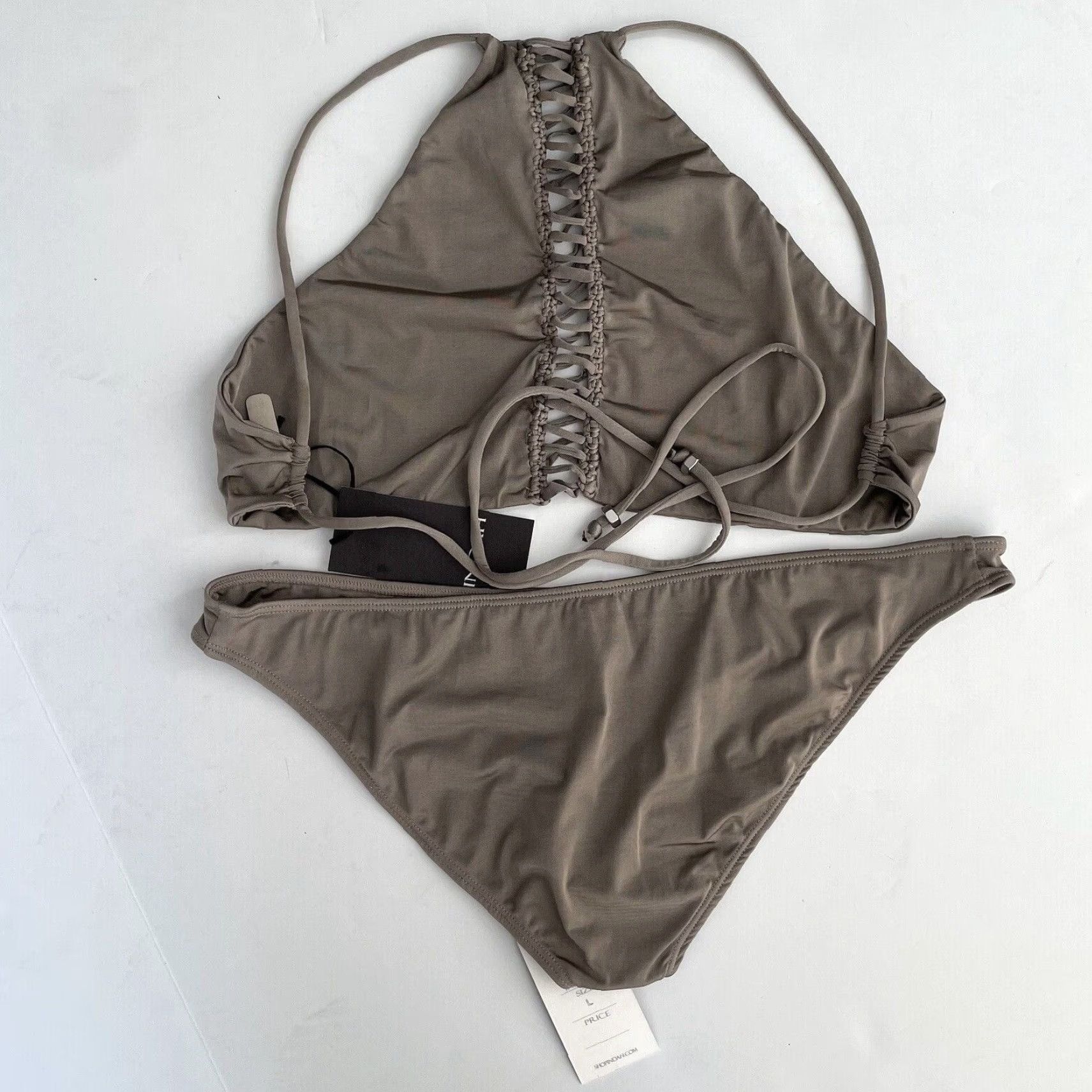 Vintage INDAH Lynx Macrame Halter Bikini Top & Vic Bottom Taupe Set L Women Gray Revolve Size L / US 10 / IT 46 - 2 Thumbnail