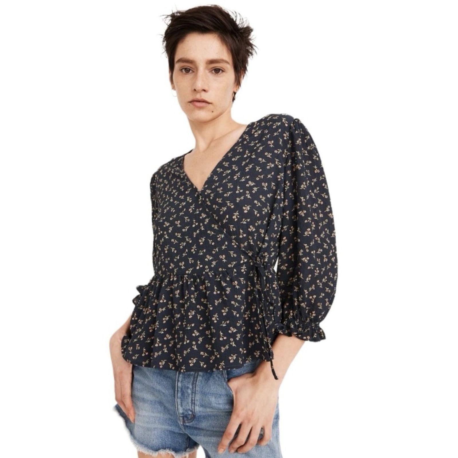 NWOT Madewell Puff-Sleeve Peplum Wrap Top in Spring Fling SM