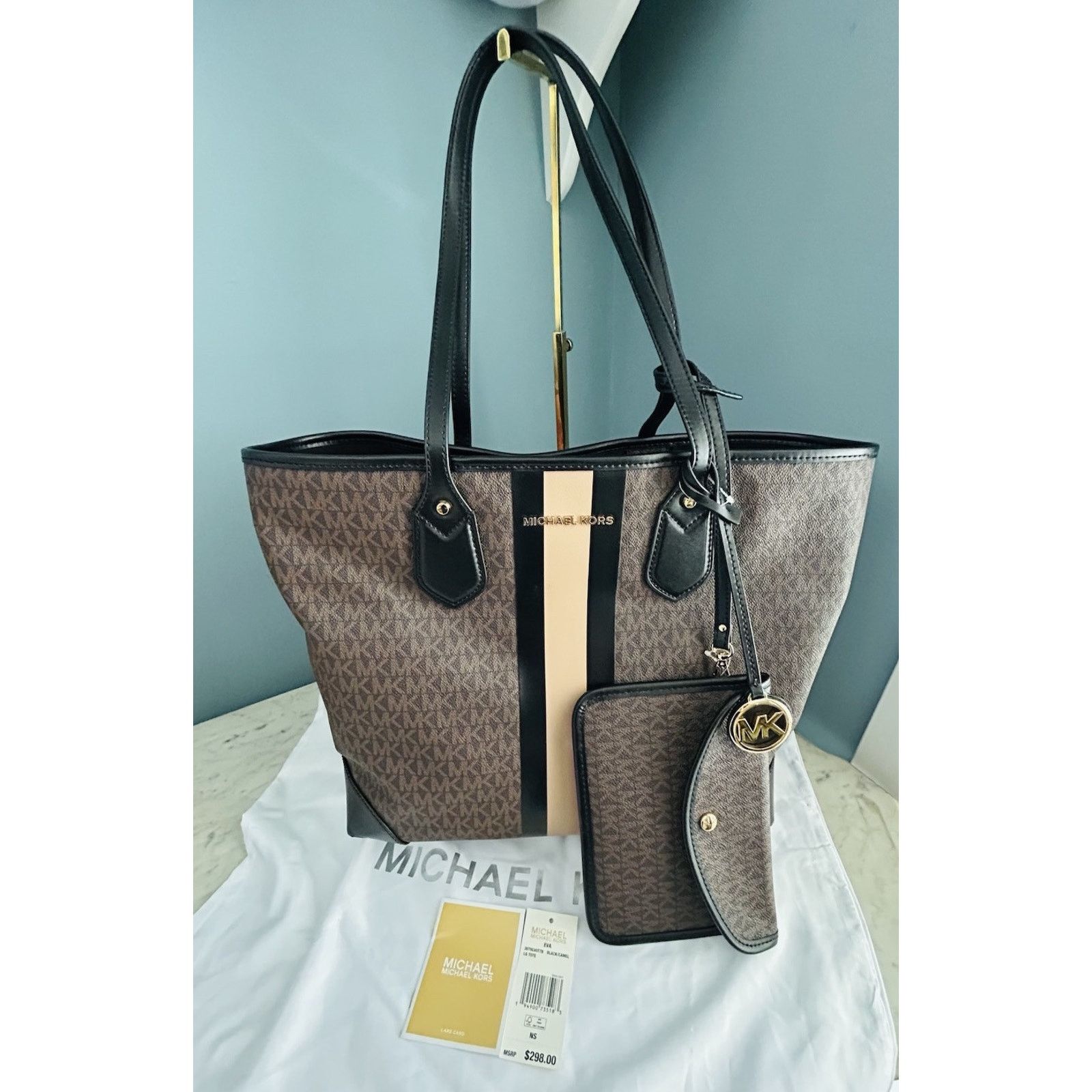 Michael Kors Michael Kors Eva Large Stripe Tote Bag Pouch Black Camel NWT Size ONE SIZE - 3 Thumbnail