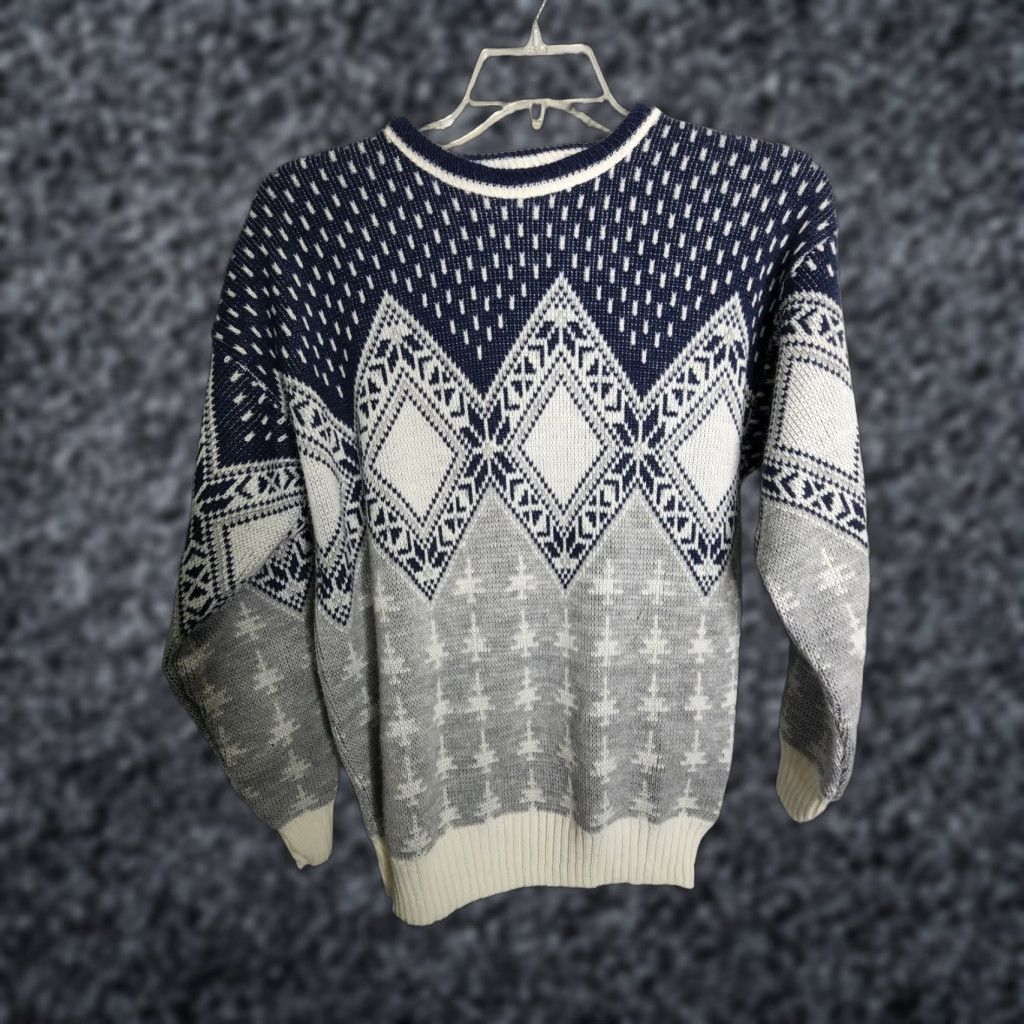Vintage VINTAGE Womens M Sweater Pullover Crew Neck Grey Blue Acrylic Made in England Geometric Knit 1990s Mens Womens Size M / US 6-8 / IT 42-44 - 1 Thumbnail