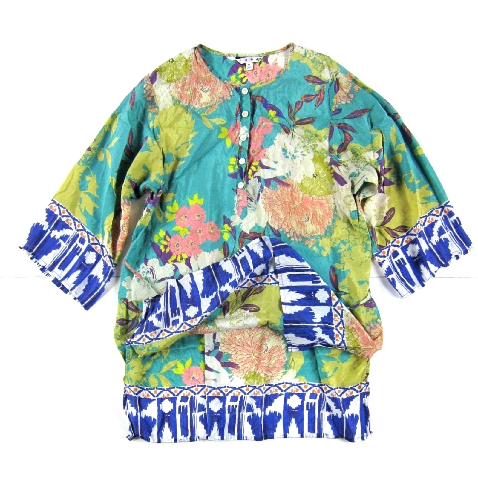 Vintage CAbi Blouse Shirt Tunic 3/4 Sleeve Silk Floral 100% Medium Women Green Blue Pink Yellow Size M / US 6-8 / IT 42-44 - 5 Thumbnail