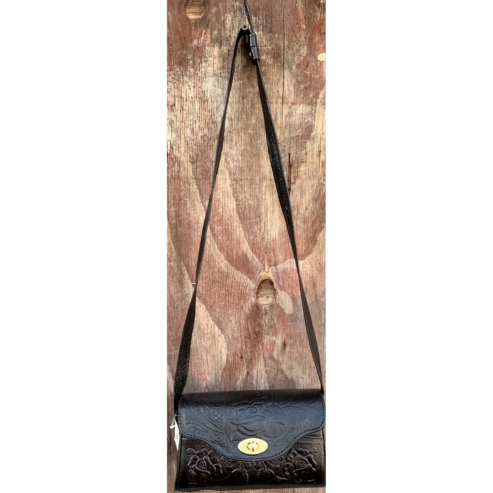 Vintage VINTAGE Tooled Leather Purse Shoulder Bag Crossbody Black W/ Hair On Hide Horse Floral - Hecho In Mexico Women Bag Size ONE SIZE - 4 Thumbnail