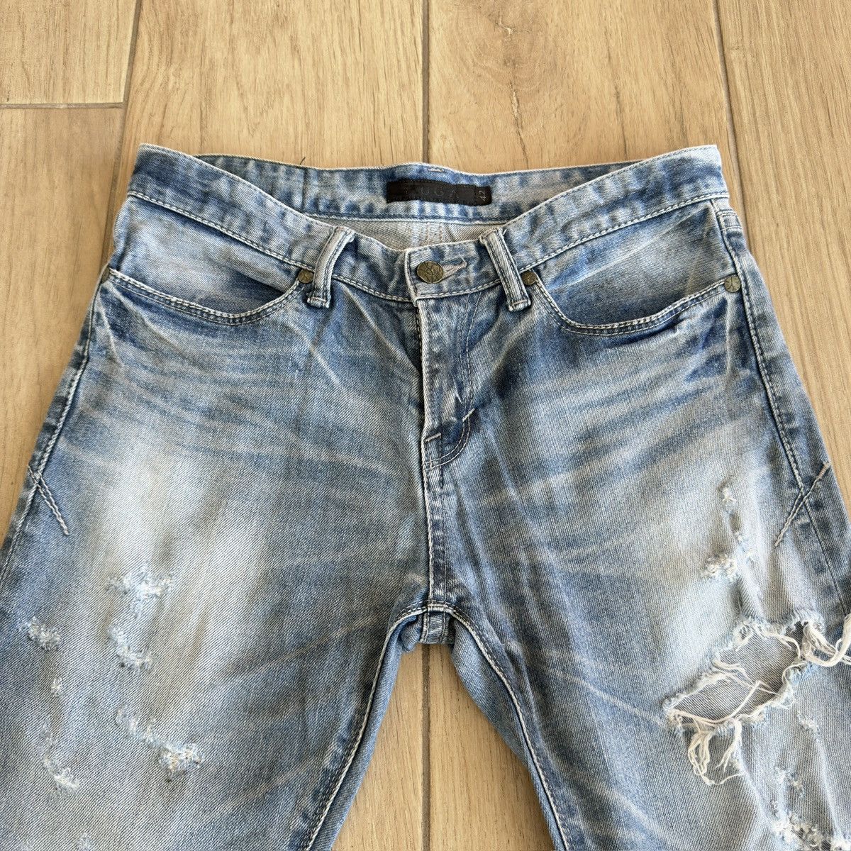 GOSTAR DE FUGA 2000s Light Blue Washed Black Oil Distressed Denim Jeans Size US 30 / EU 46 - 6 Thumbnail