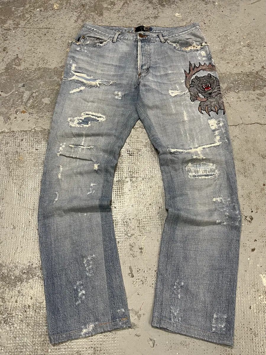 Just Cavalli SS2007 Cavalli Blue Distressed Tiger Denim Jeans Size US 32 / EU 48 - 1 Thumbnail