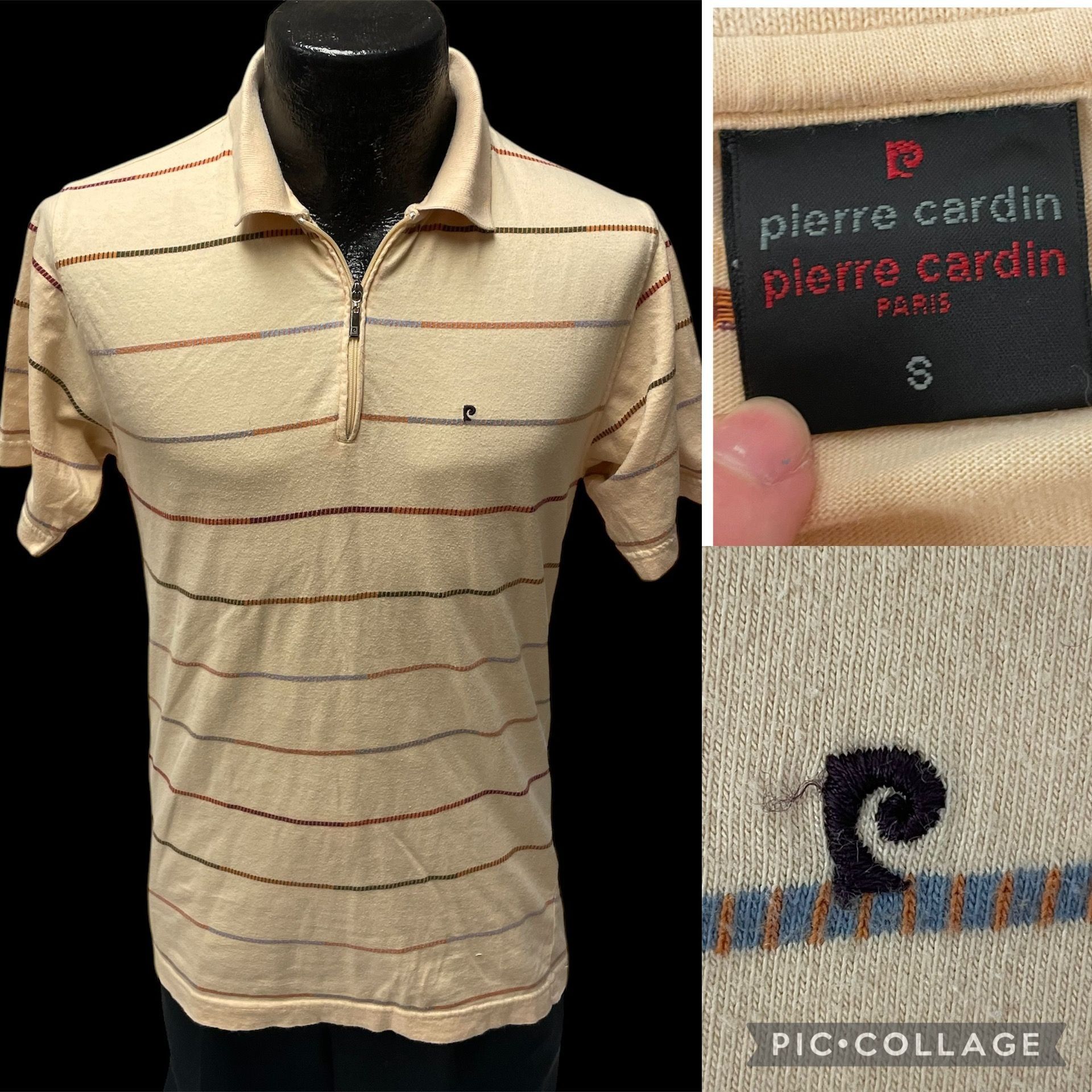 Vtg Pierre Cardin Paris Cream Stripe Logo Surfer Preppy POLO
