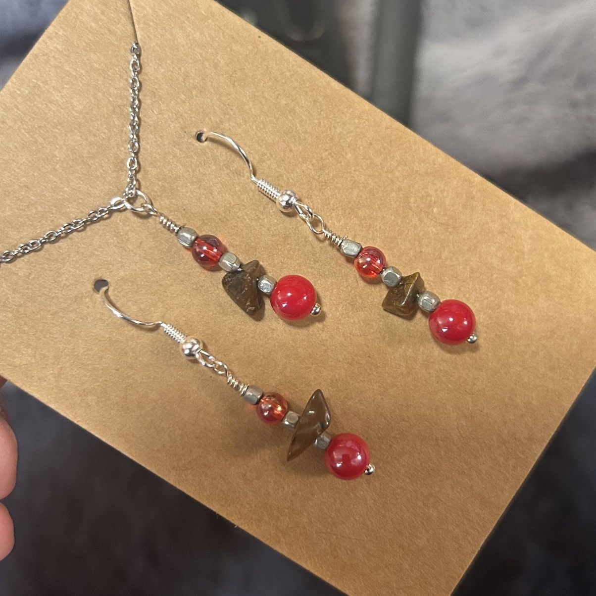 Handmade Handcrafted tigers eye art glass necklace and earring set Size ONE SIZE - 1 Thumbnail