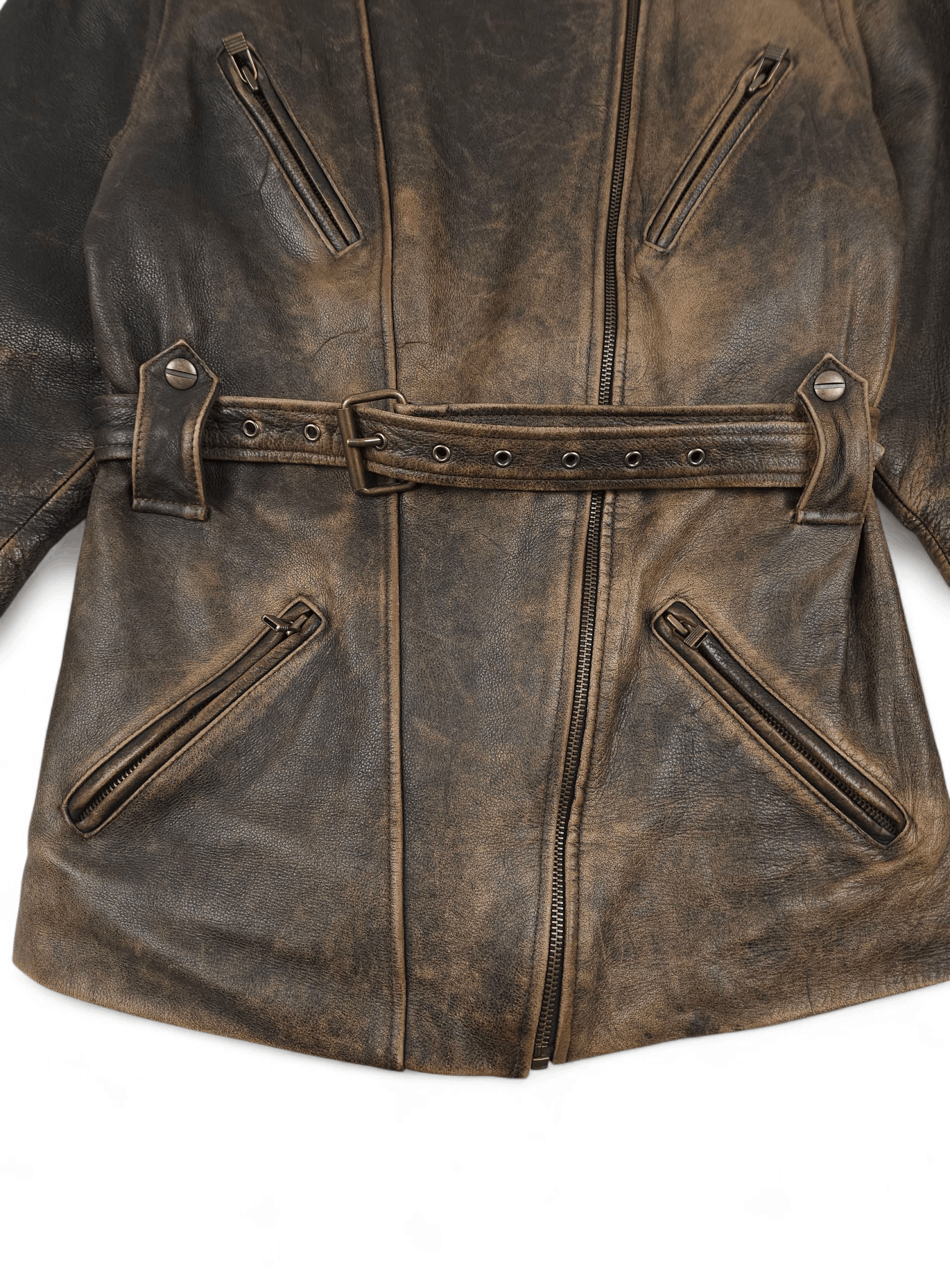 Vintage 💎 Vintage Brown Distressed Leather Belted Biker Jacket XS Size XS / US 0-2 / IT 36-38 - 5 Thumbnail