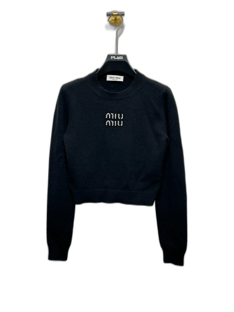 Miu Miu Miu Miu Miu black crystal logo cashmere knitwear Size US S / EU 44-46 / 1 - 1 Thumbnail