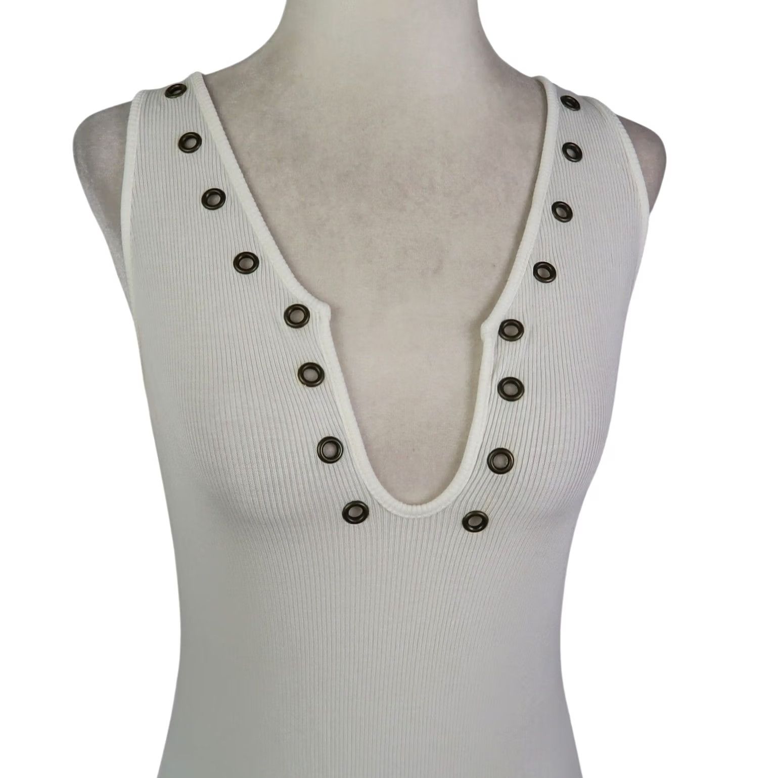 Vintage VINTAGE Moda International White Ribbed Tank Top Grommet Trim M Tank Womens 90s Bohemian XS? Size M / US 6-8 / IT 42-44 - 2 Thumbnail