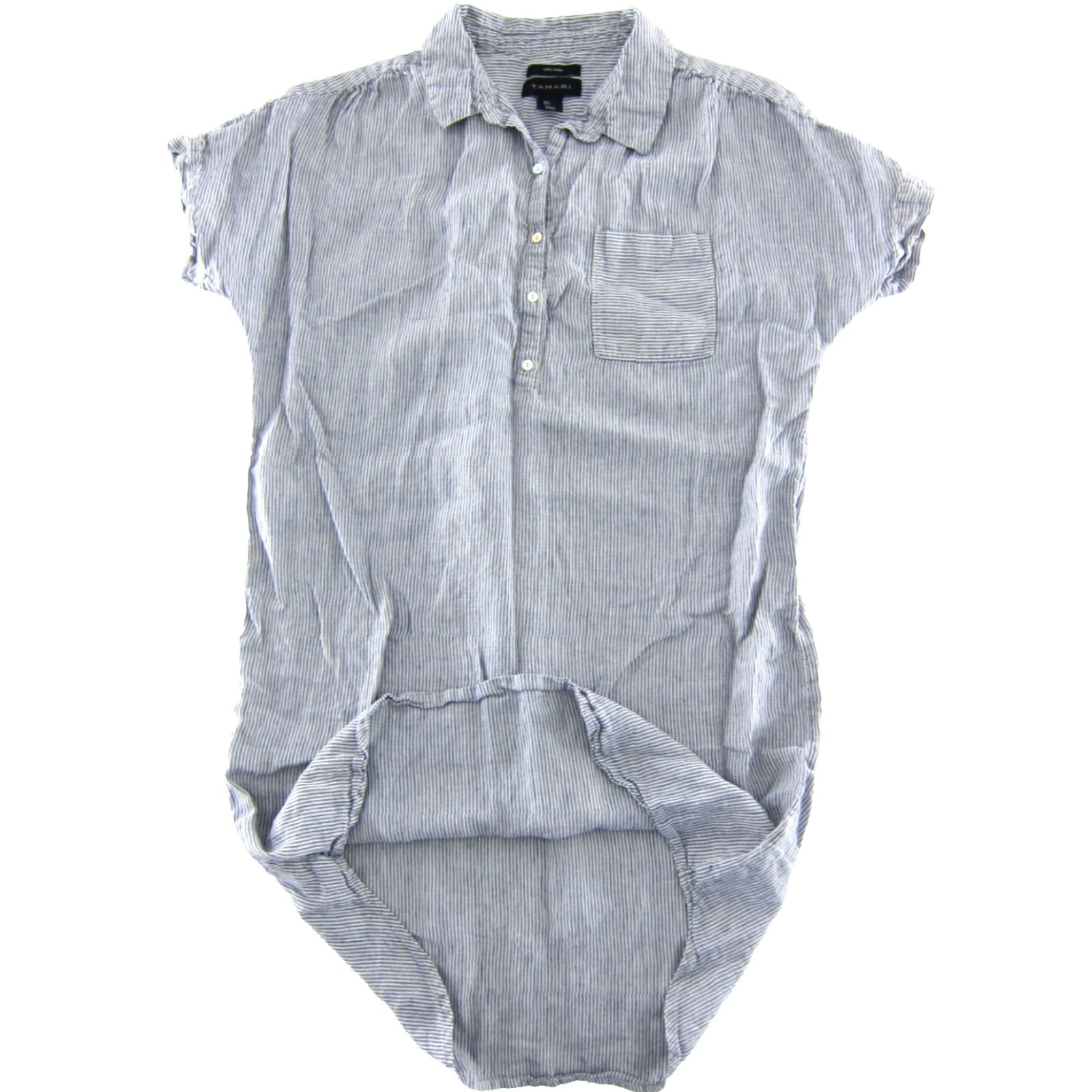 Vintage TAHARI Shirt Dress 100% Linen Blue White Pinstripe Short Sleeve Collared Large Size L / US 10 / IT 46 - 4 Thumbnail