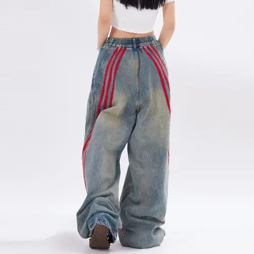 VIBE Punk distressed washed webbing striped straight jeans Size US 34 / EU 50 - 3 Thumbnail