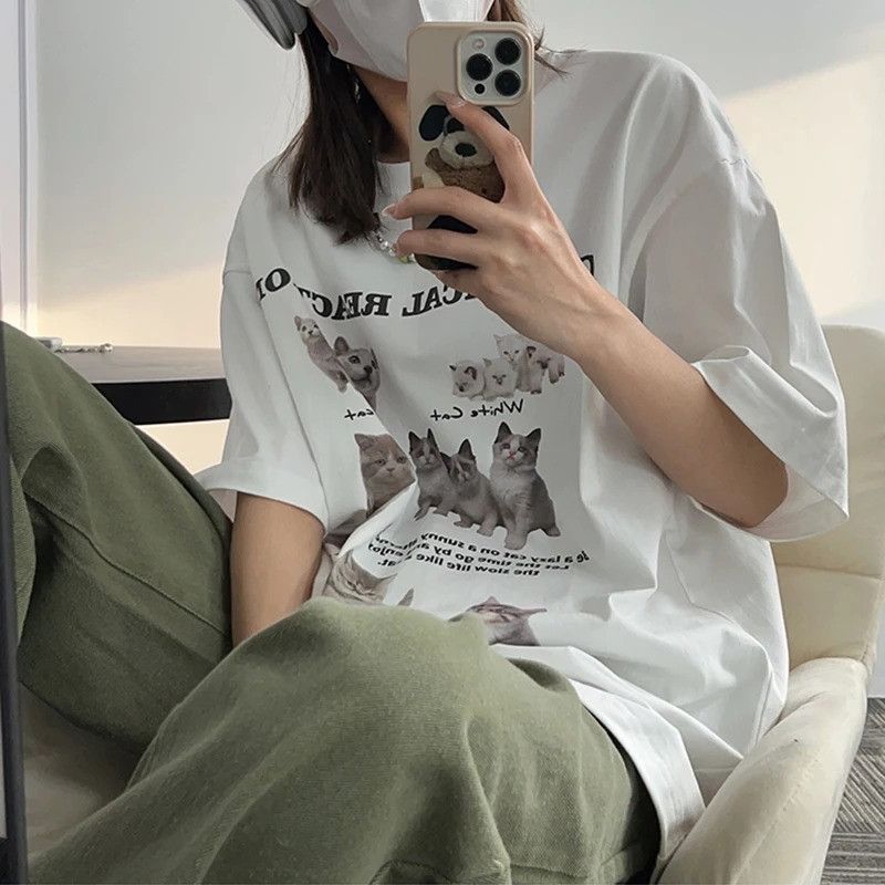 Designer × Vintage Kawaii Cat Oversized Cotton Tee Summer 2025 Size US L / EU 52-54 / 3 - 2 Thumbnail