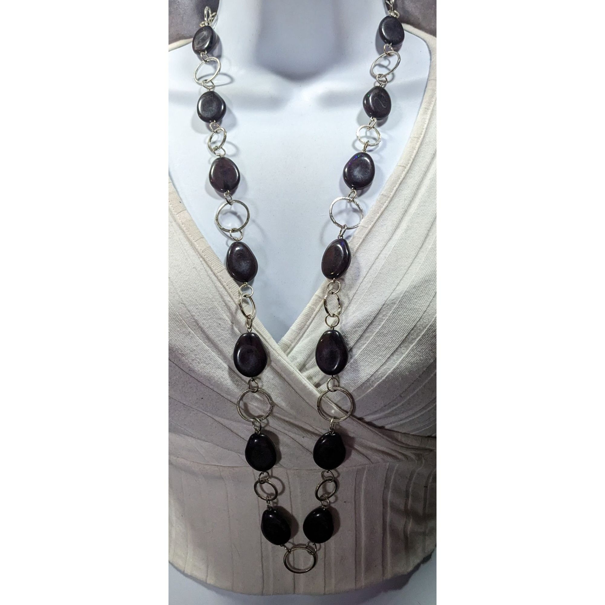 Other Black Beaded Silver Tone Ring Chain Opera Necklace Size ONE SIZE - 2 Thumbnail