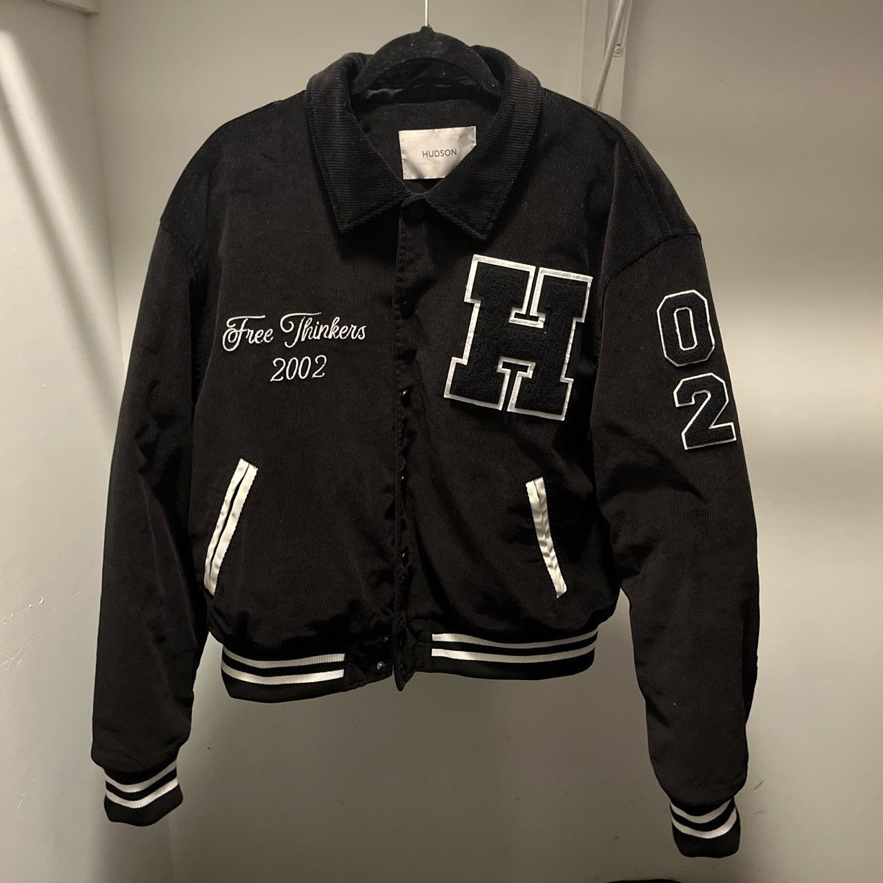 image of Fits Like A Large Hudson 2002 Courdoroy Varsity Jacket in Black, Men's (Size 2XL)