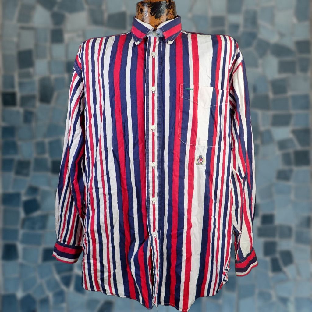 Tommy Hilfiger VINTAGE Tommy Hilfiger Button-Down Shirt L Red White Blue Striped Long Sleeve 90s Mens Size US L / EU 52-54 / 3 - 1 Thumbnail
