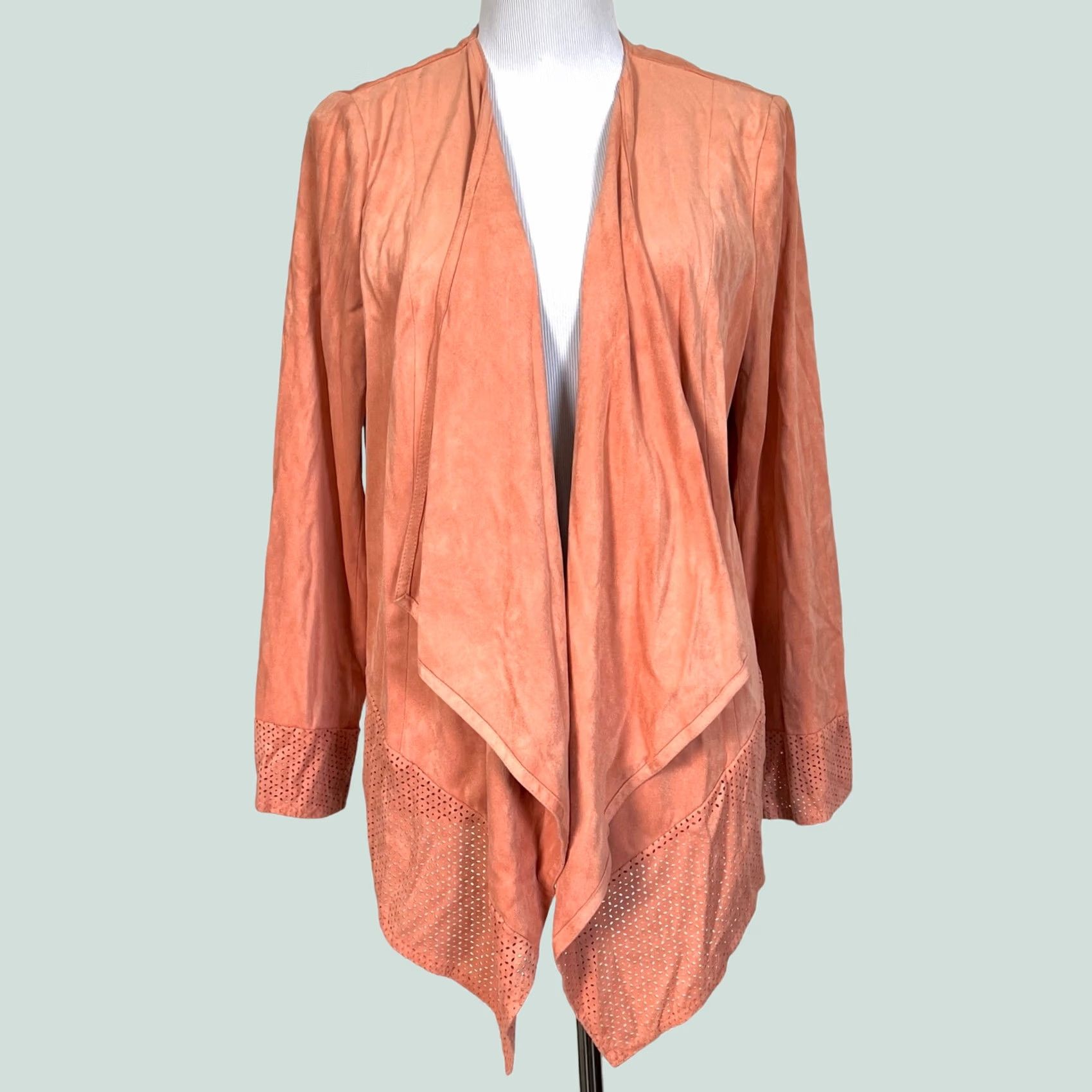 Vintage Chico's Pink Faux Suede Perforated Drape Cardigan Jacket Top Open Front Sz 2 (L) Coatigan Womens Size L / US 10 / IT 46 - 1 Thumbnail