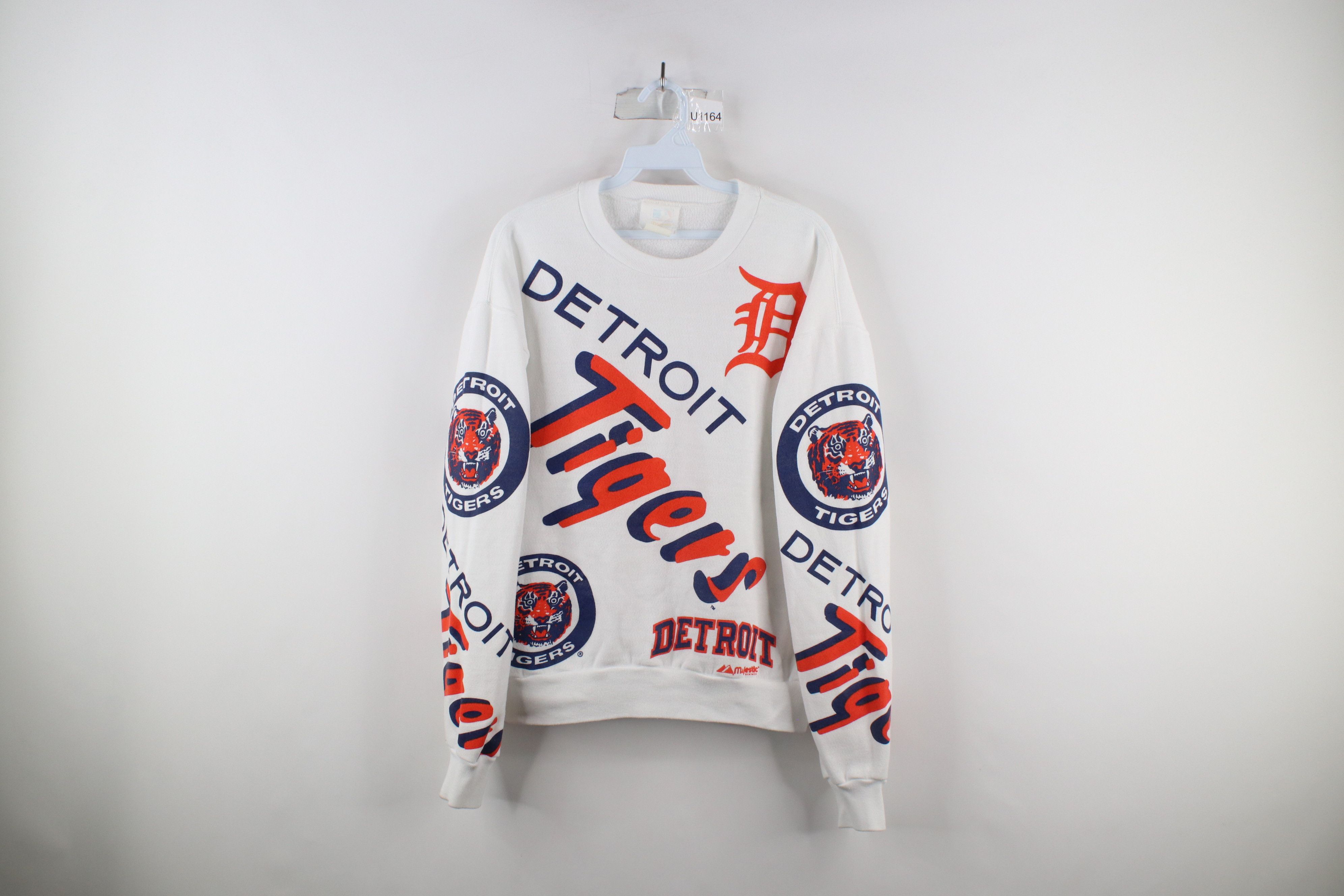 image of 90's Majestic Detroit Tigers Baseball Sweatshirt Usa in White, Men's (Size Large)