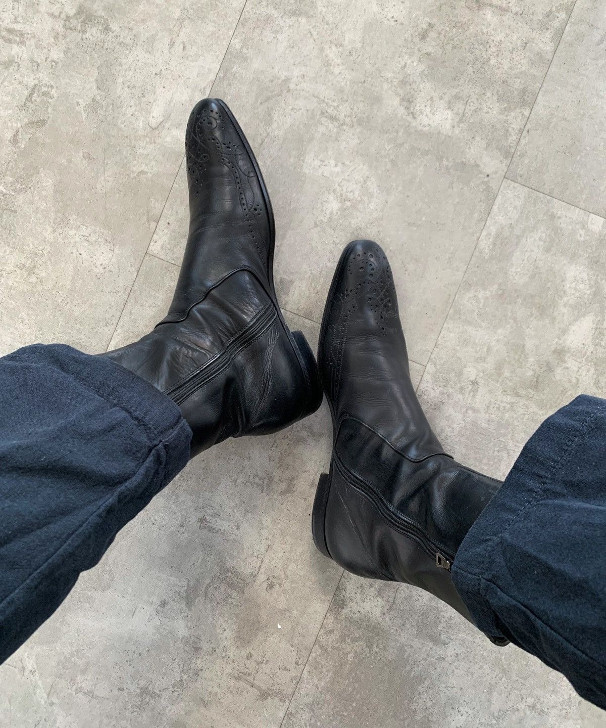 All Blacks x Leather Prada Boots Ankle Leather Shoes Vintage Zip Cowboy in Black, Men's (Size 8)