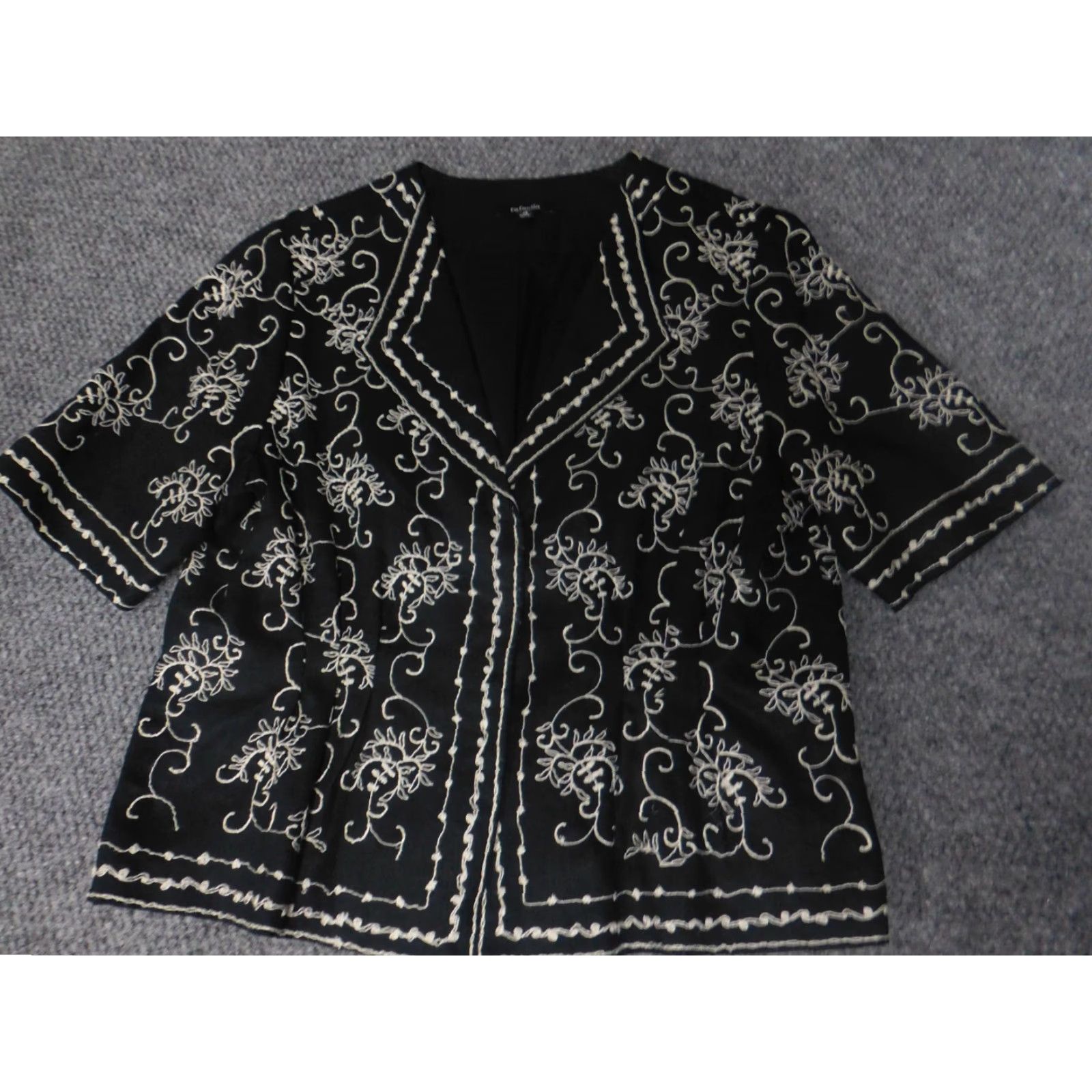 Vintage Rafaella Womens Jacket 14 Black Floral Knit Linen Snap Embroidered Collared Casual Mid-Length Autumn Fall 14 Womens Regular Girls Mens Size XL / US 12-14 / IT 48-50 - 2 Thumbnail