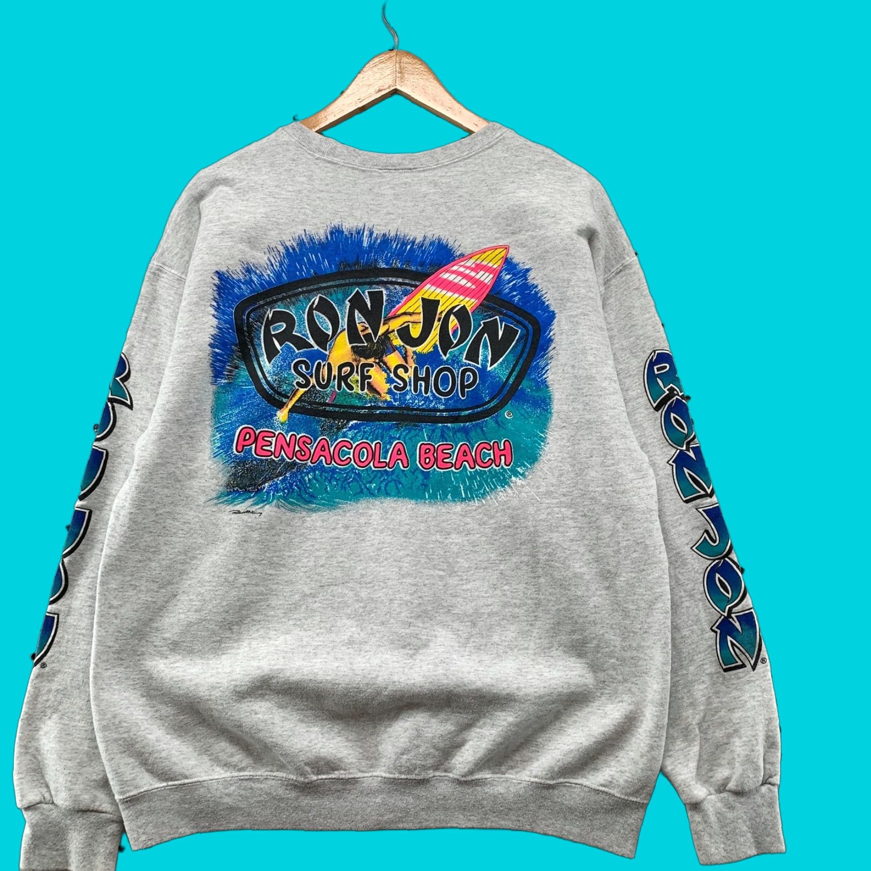 Ron Jon Surf Shop Sweatshirt Mens Graphic Print Gray Pensacola Beach 22x27 L Adult Gray Graphic Print Beach Nostalgia Mens Sweatshirt