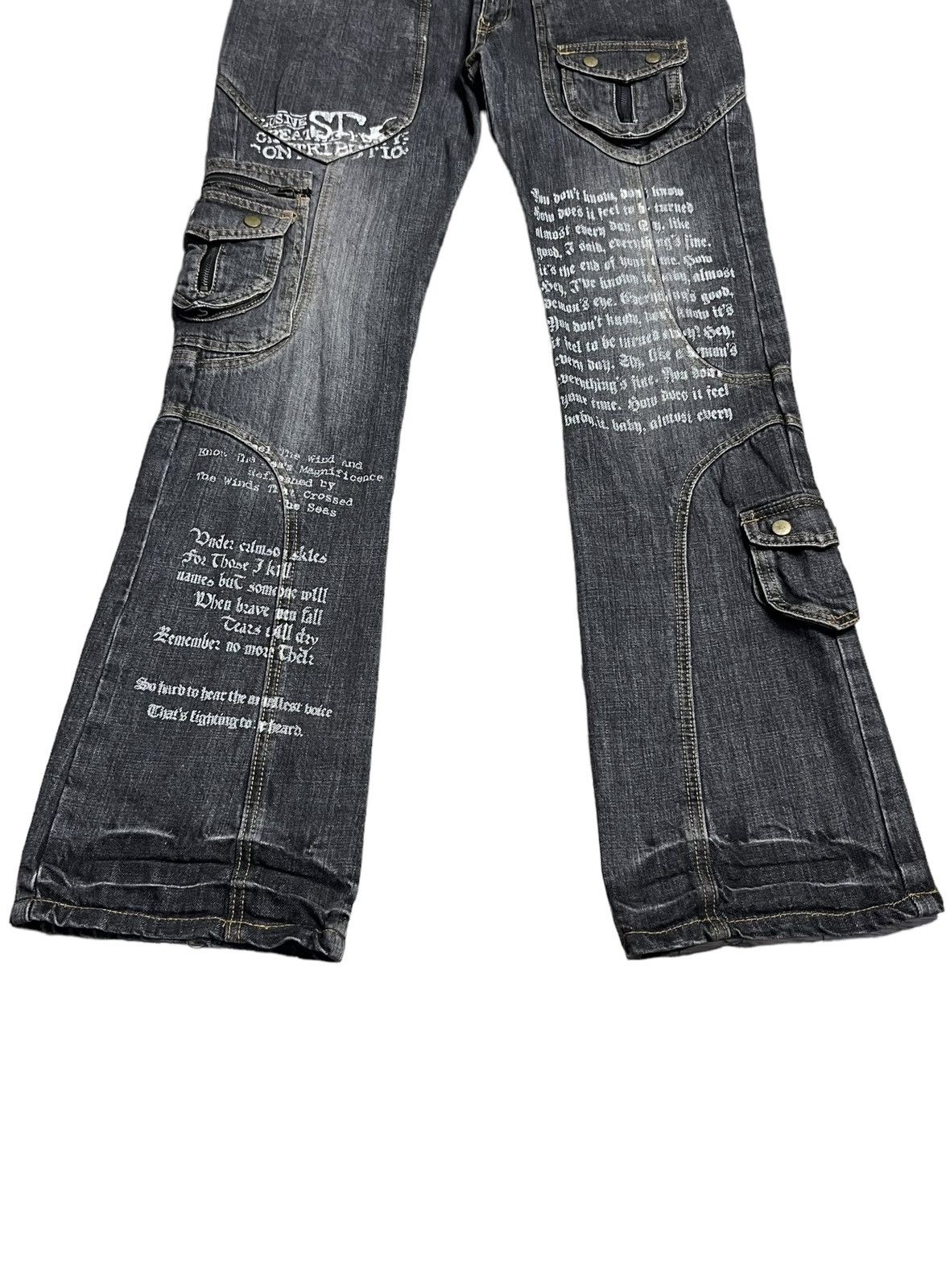 If Six Was Nine 🔥EVOLUTION Retro Punk Poems Multipocket Flare Denim Jeans Size US 31 - 7 Thumbnail