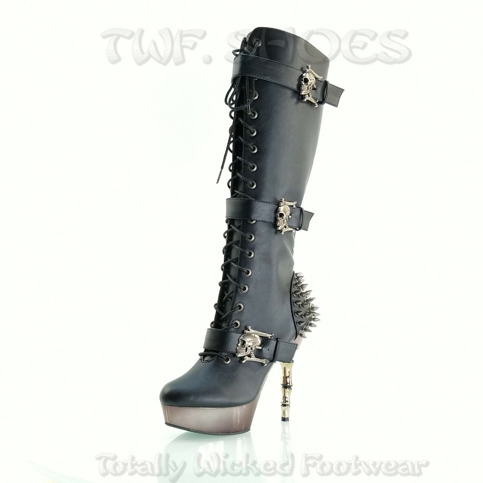 Demonia Cult DEMONIA Muerto Chrome Bone High Heel Spiked Skull Buckle Lac Size US 7 / IT 37 - 5 Thumbnail