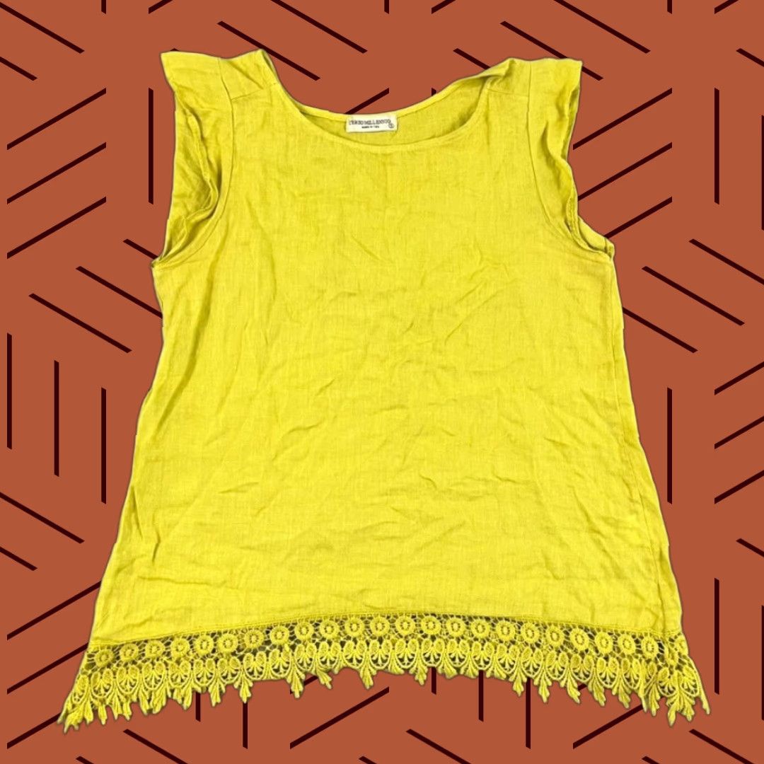 Vintage Terzo Millennio Blouse Shirt Womens Small Yellow Crochet Linen Sleeveless Italy Size S / US 4 / IT 40 - 1 Thumbnail