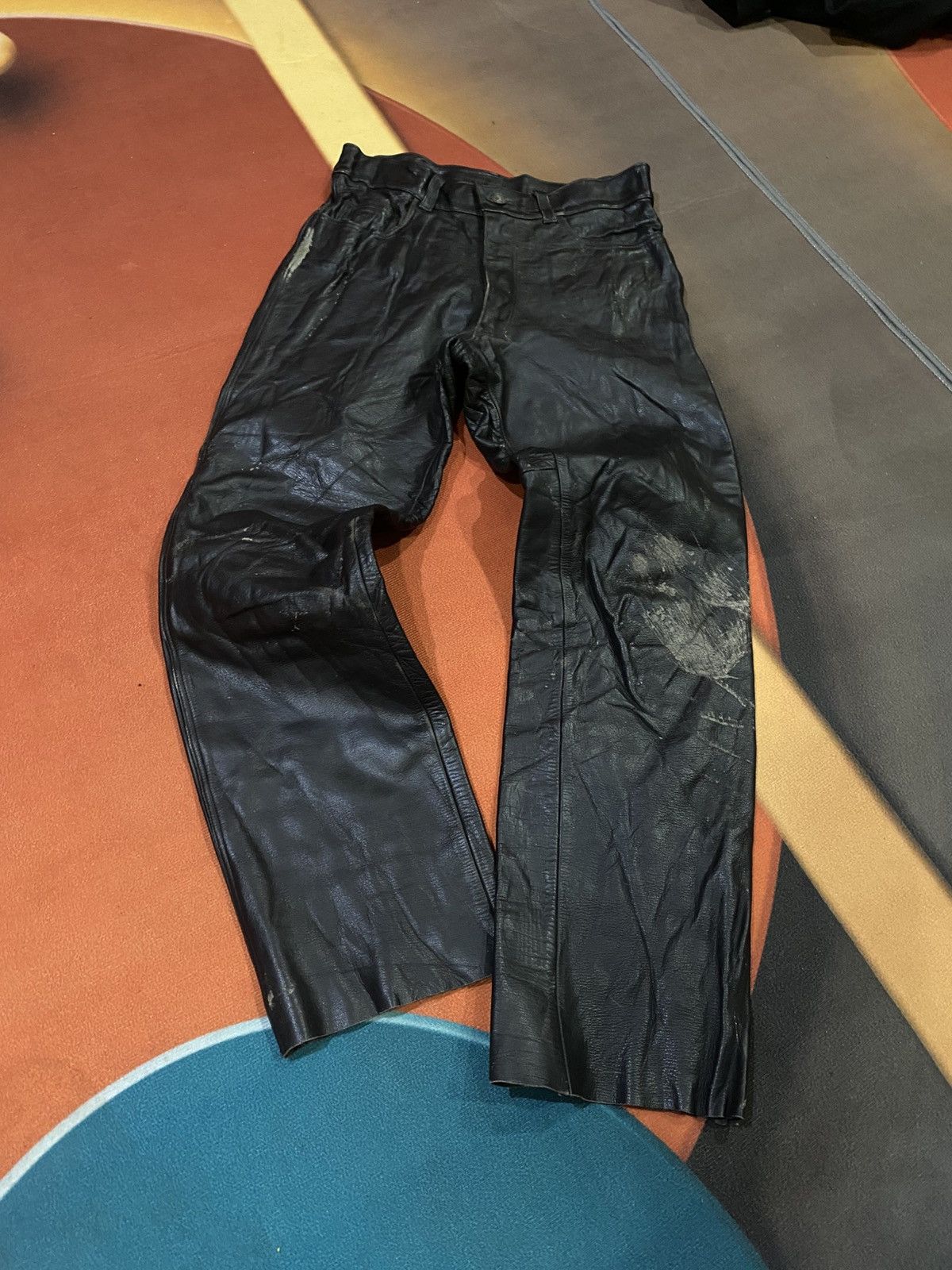 Genuine Leather Vintage NAVY RIDER Black Leather Biker Pant Genuine Leather Size US 29 - 13 Thumbnail