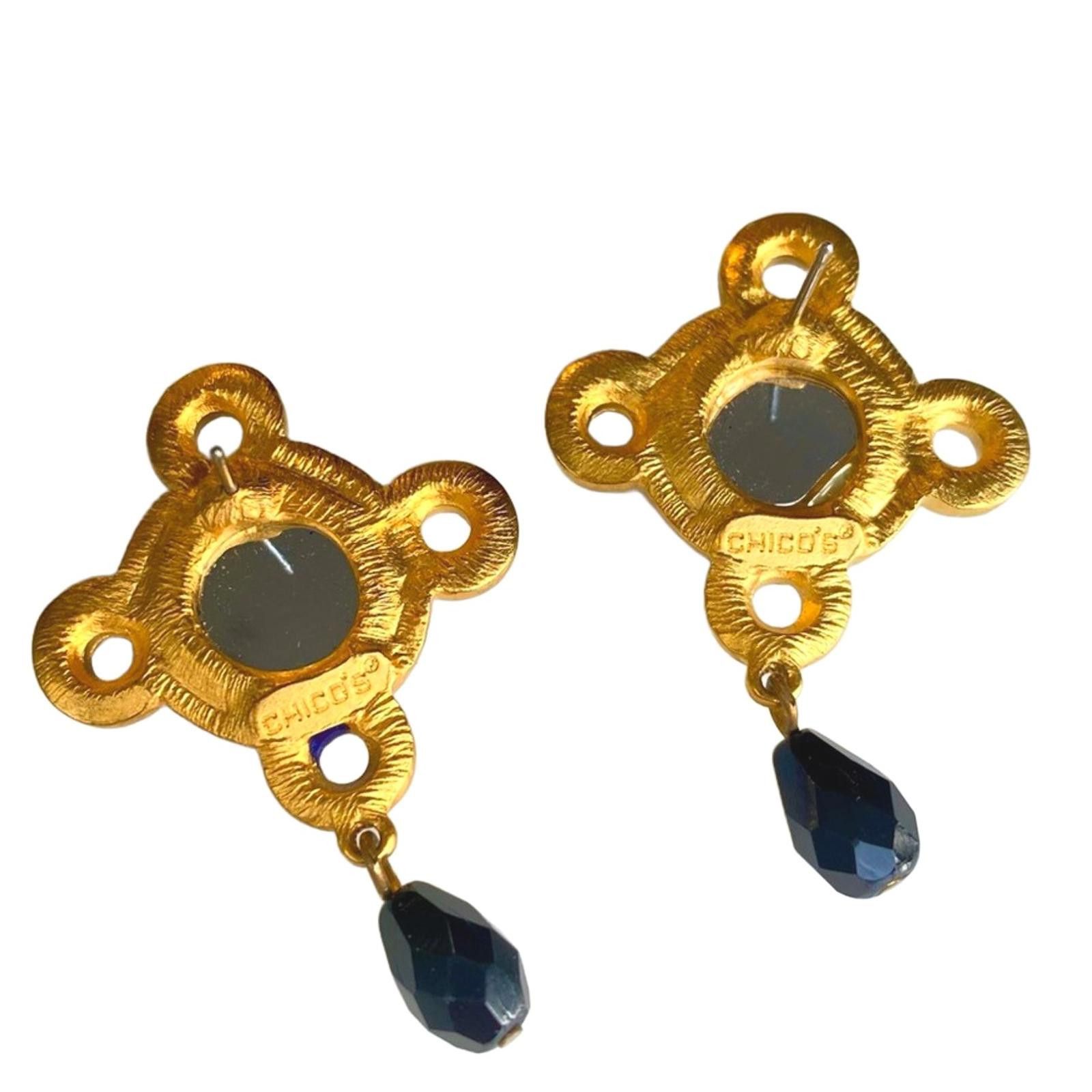 Vintage Chico’s Blue Enamel & Glass Cabochon Drop Earrings Gold Tone Size ONE SIZE - 3 Thumbnail