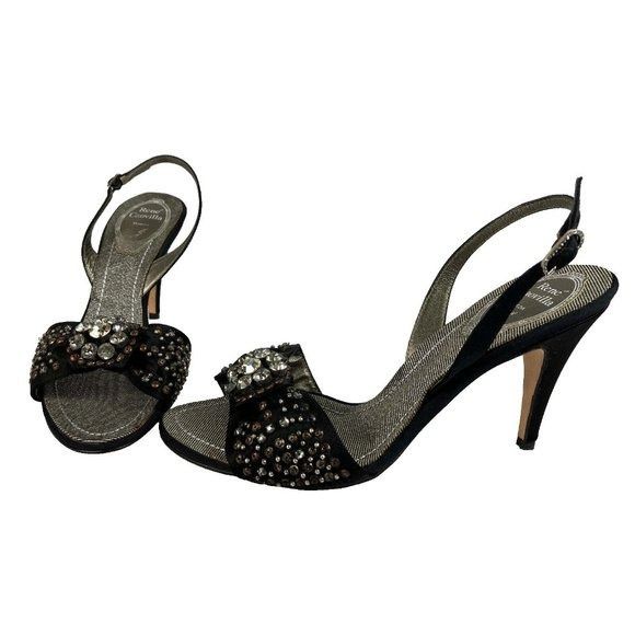 image of Rene Caovilla 36.5 Renee Caovilla Crystal Bow Evening Sling Sandal Pump S in Black, Women's