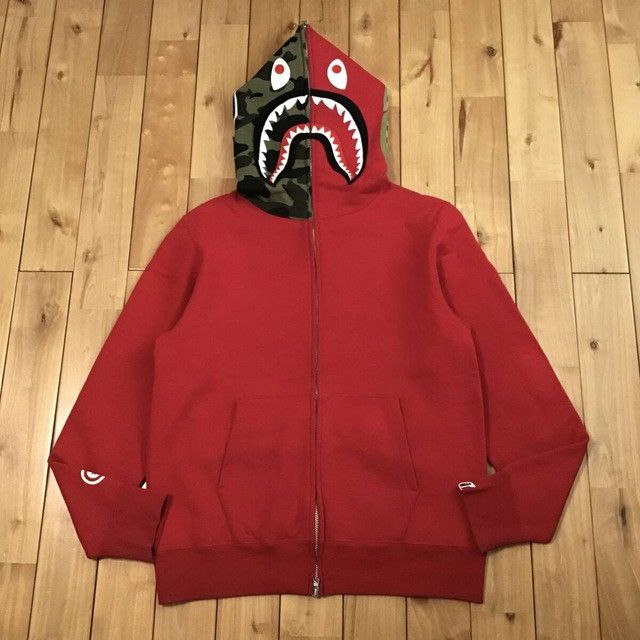 BAPE Red 1st camo green shark full zip hoodie a bathing ape