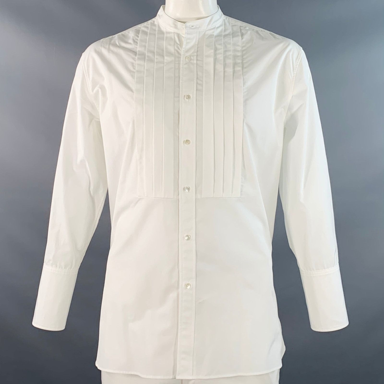 Nili Lotan NILI LOTAN White Pleated Collarless Tuxedo Long Sleeve Shirt Size 48R - 1 Thumbnail