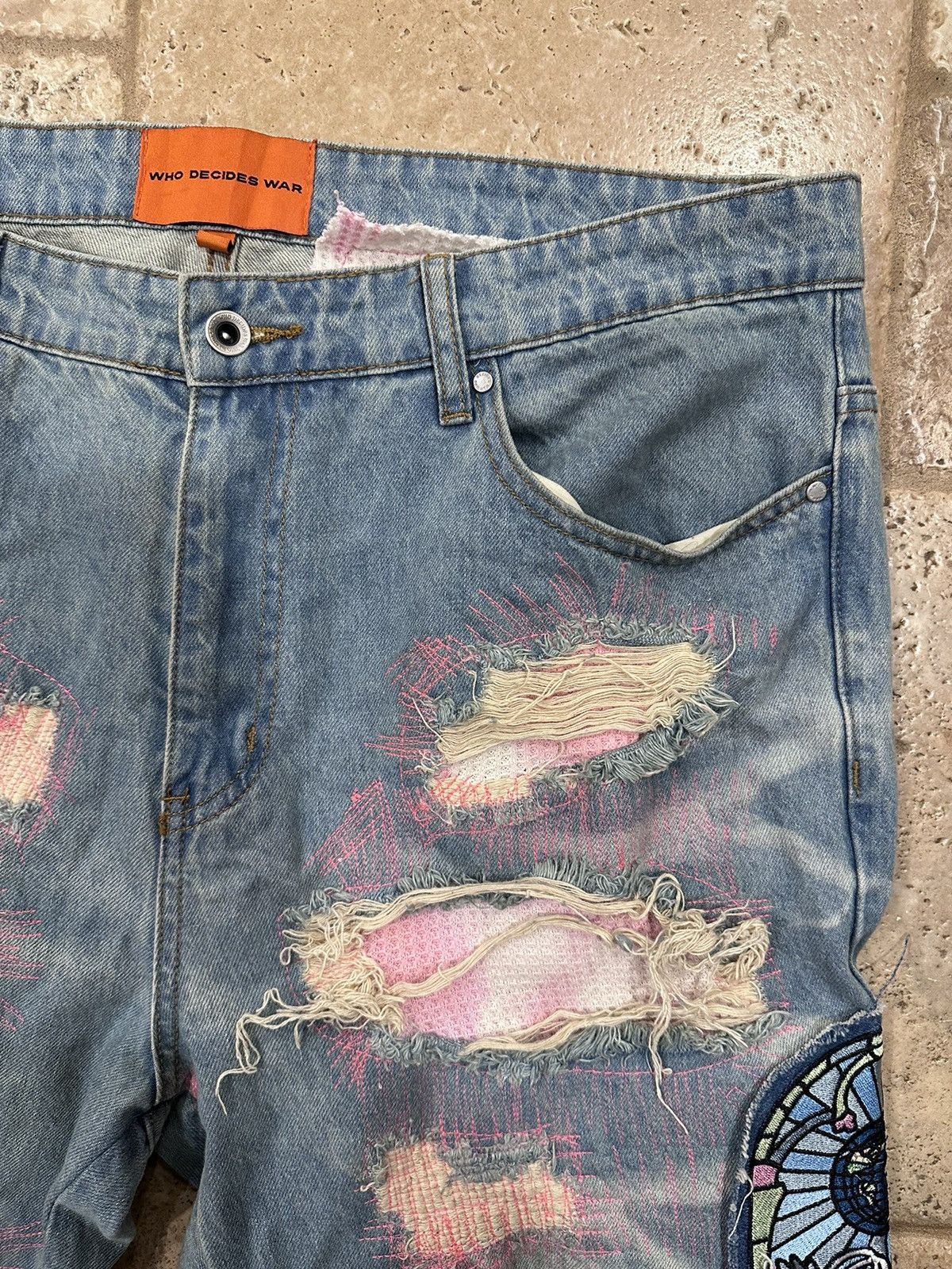 Who Decides War WDW Pink Flamingo Patch Fusion Denim Jeans