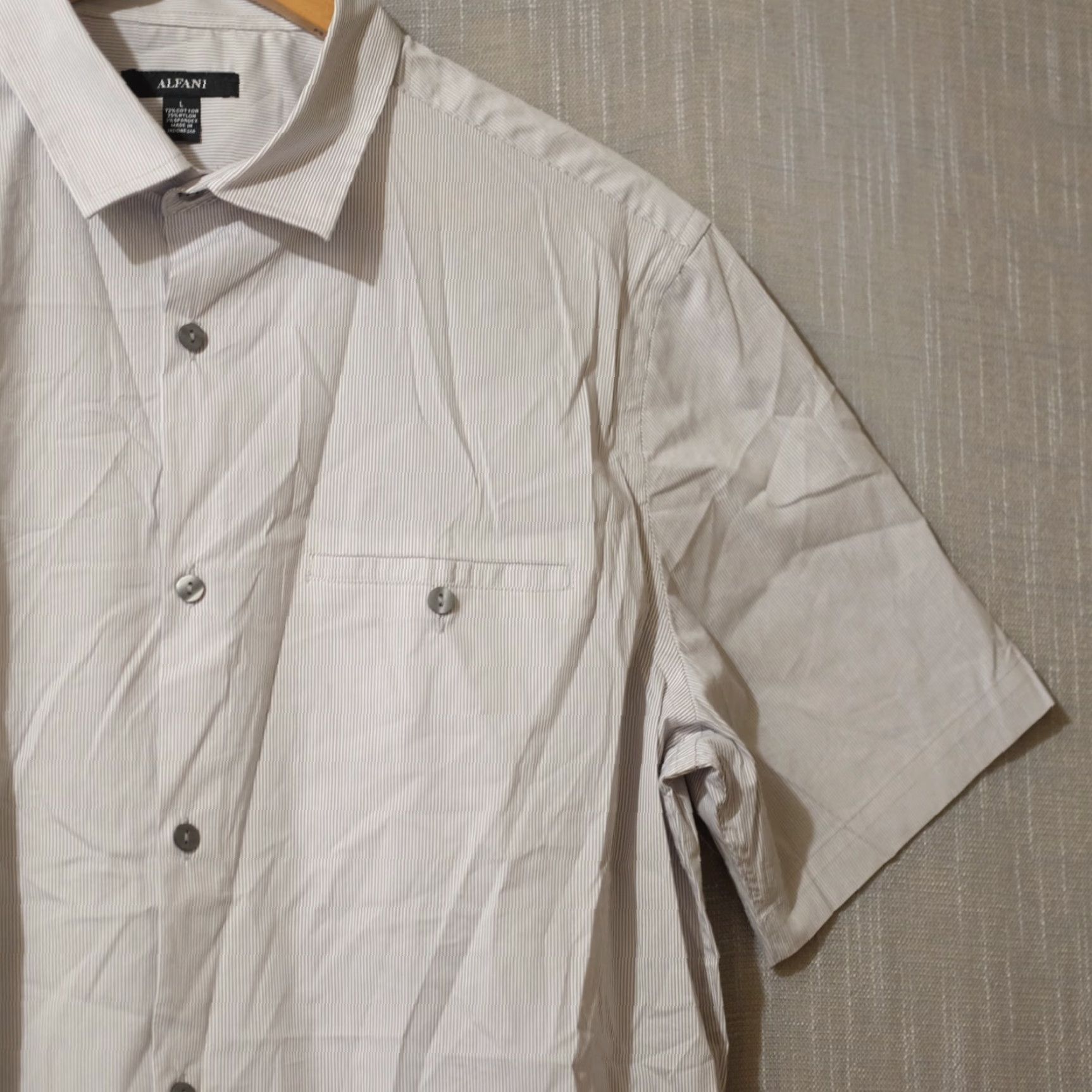 Alfani Alfani Shirt Short Sleeve Button-Up Grey/White Pinstripe Men's L - Collared, Lightweight, Pockets, Stretch, 3/4 Sleeve? Size US L / EU 52-54 / 3 - 3 Thumbnail