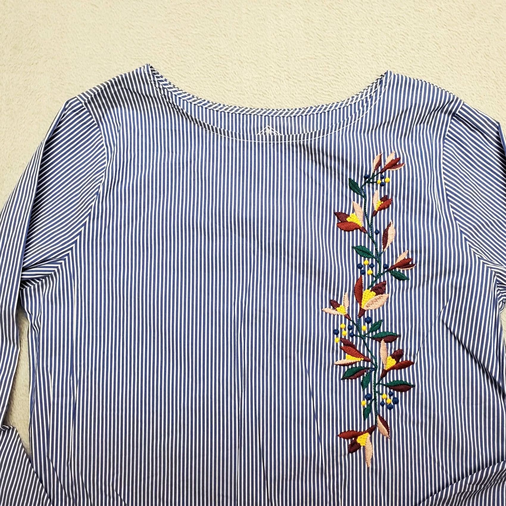 Vintage St Johns Bay Shirt Womens M Petite Blue Striped Floral Embroidered Bell Sleeve Shirt Womens PM Blue Striped Floral Embroidered Bell Sleeve Size M / US 6-8 / IT 42-44 - 5 Thumbnail