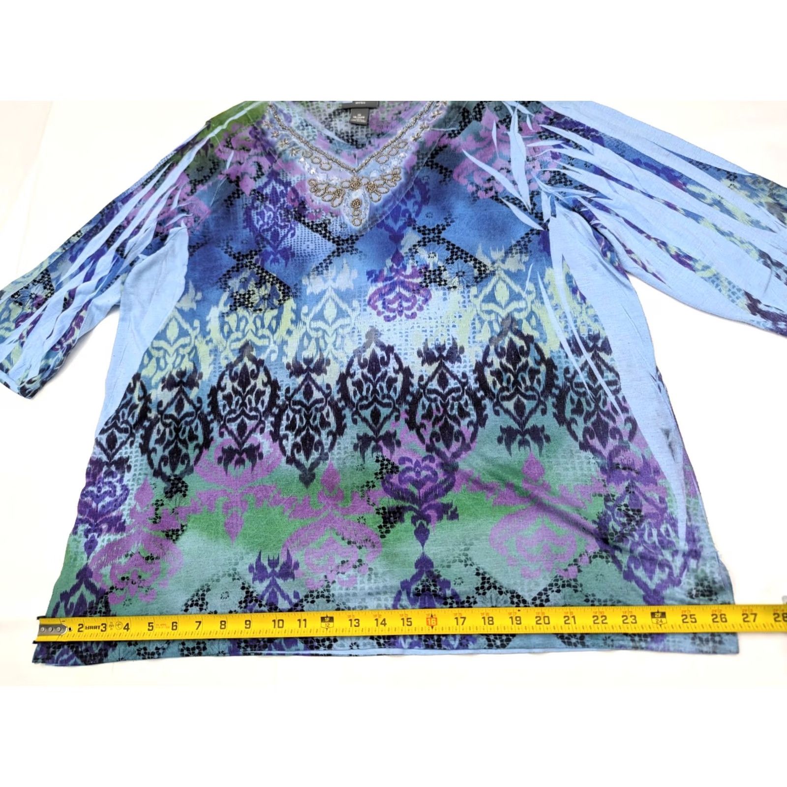 Vintage Liz & Me Blouse Shirt Womens 1X Plus Size Blue Beads Stones Knit V-Neck Short Sleeve Abstract Pattern Lightweight Casual Workwear Summer Fall Spring Size XL / US 12-14 / IT 48-50 - 6 Thumbnail