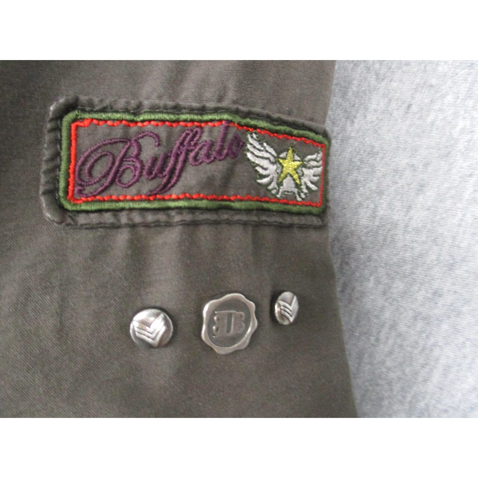 Olive Buffalo Jacket Womens L Olive Green Military Style Studded Pockets Shirt/Coat Texture: Cotton-Blend? Size L / US 10 / IT 46 - 3 Thumbnail
