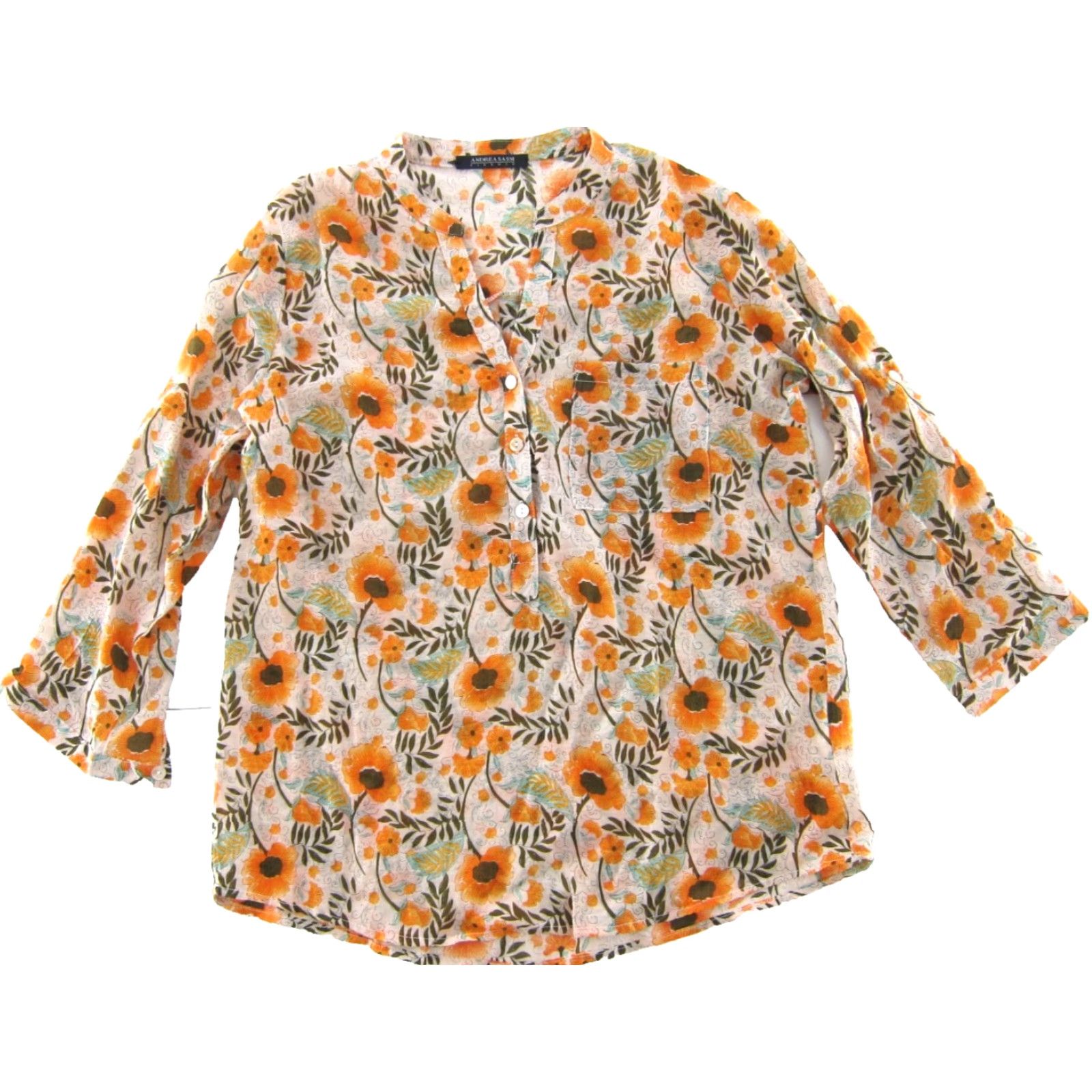 Vintage Andrea Sassi Firenze Blouse 3/4 Sleeve V-Neck Floral Medium Womens Orange Green Shirt Size M / US 6-8 / IT 42-44 - 2 Thumbnail