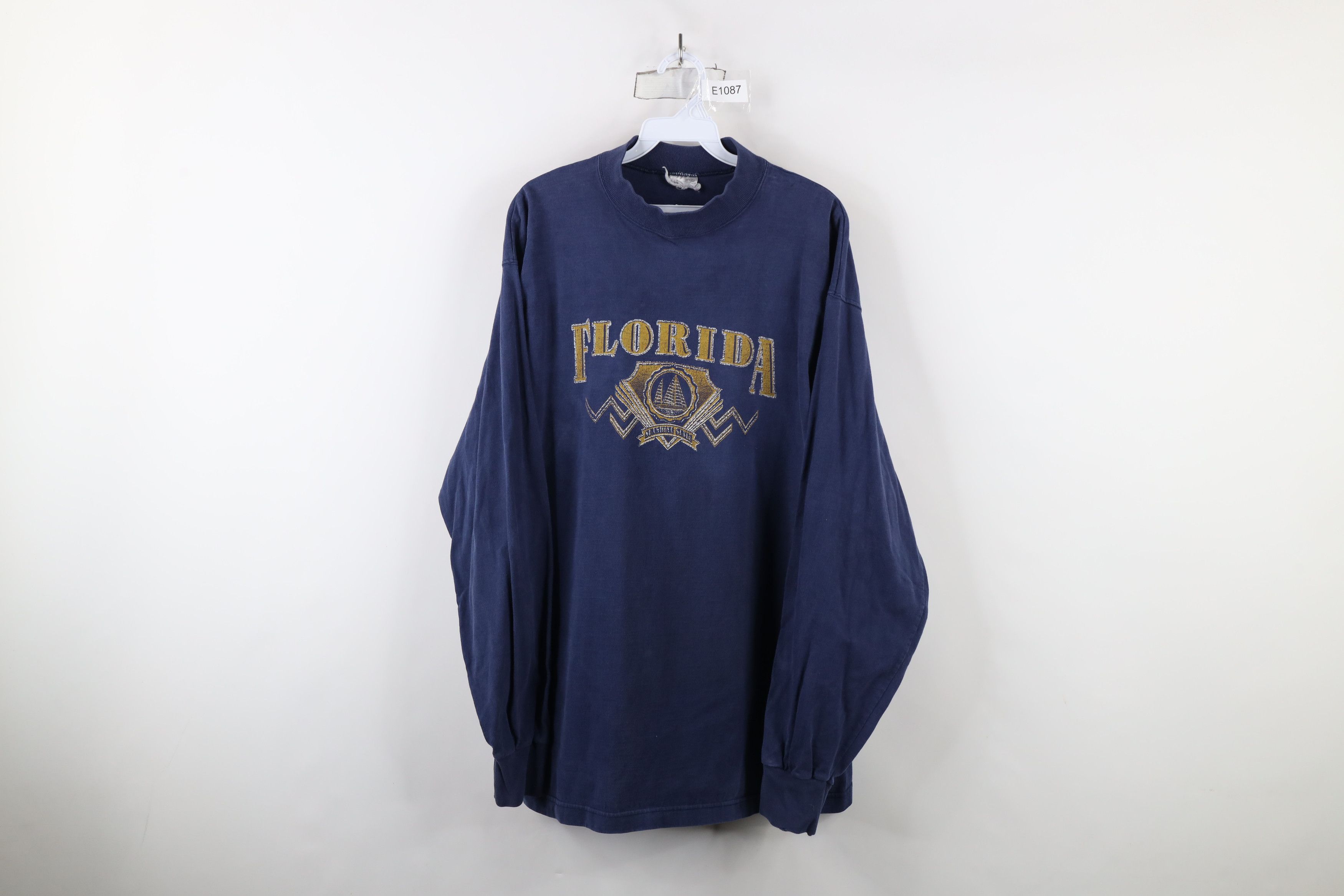 Vintage Vintage 90s Streetwear Florida Mock Neck T-Shirt Blue USA Size US XL / EU 56 / 4 - 1 Thumbnail