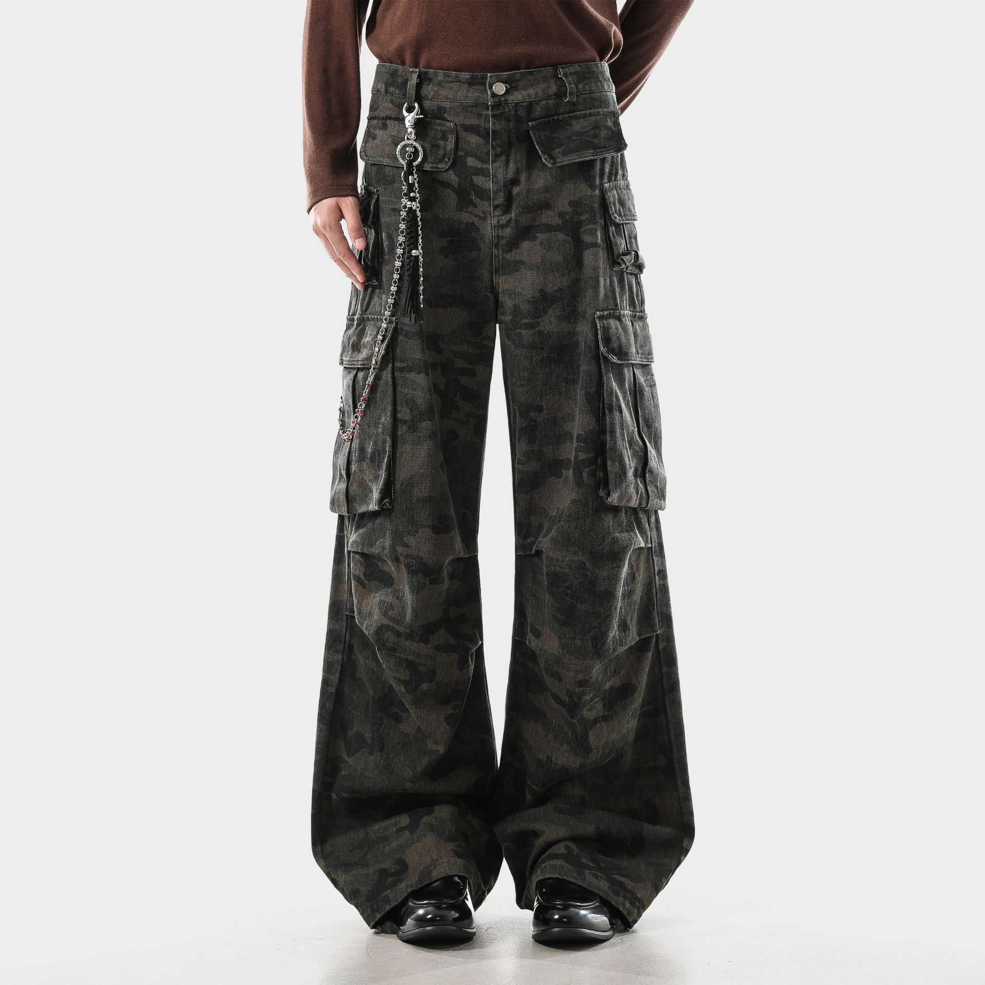 Japanese Brand Dark Green Camo Stacked Flared Cargo Pants, Wide Leg Pants Size US 32 / EU 48 - 4 Thumbnail